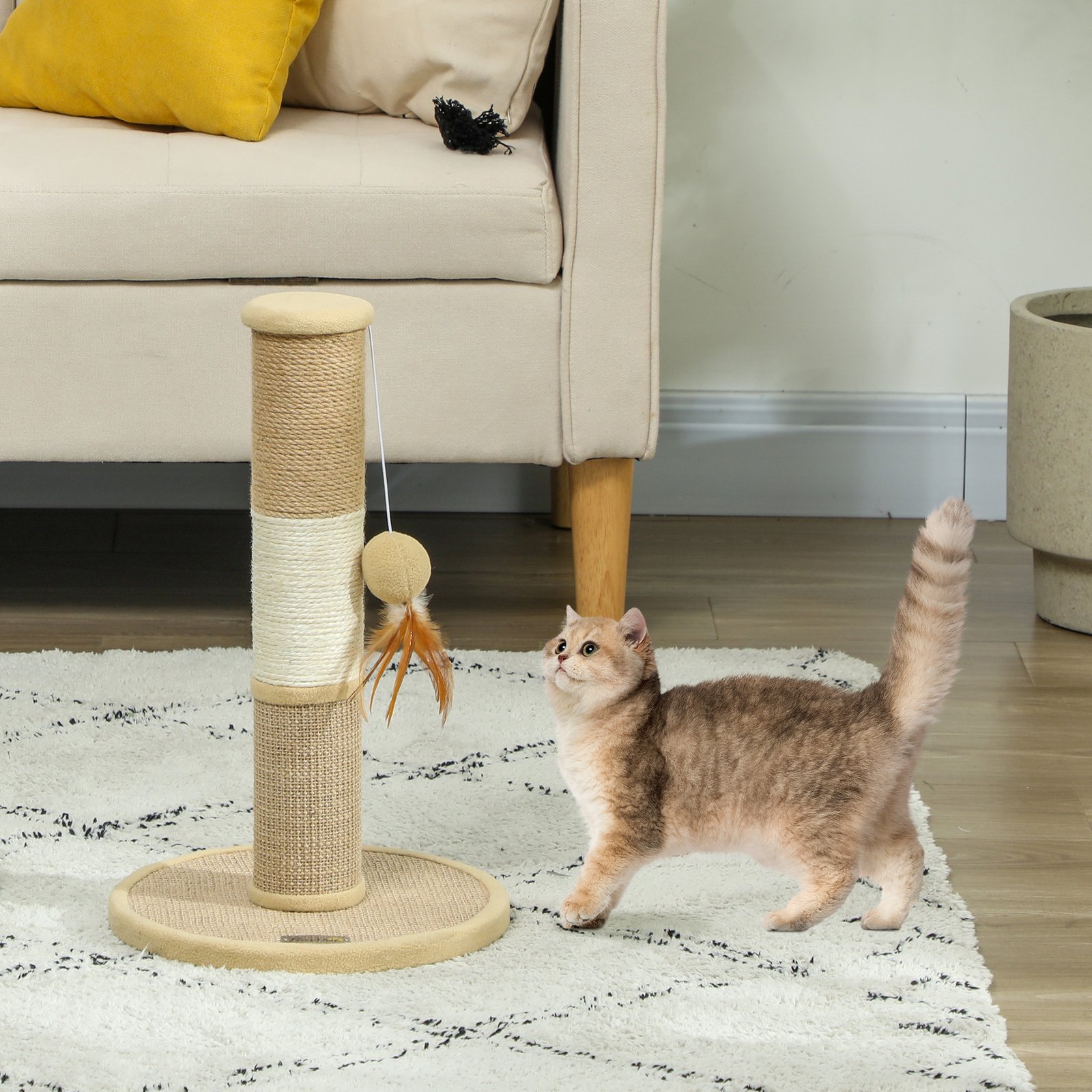 Cat Scratching Post for Indoor Cats, 47cm Tall Cat Scratcher with Jute Sisal Rope, Hanging Toy Ball, Feather, Brown - Image 9