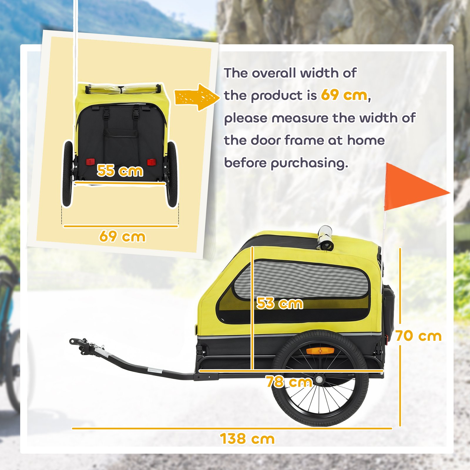 Dog Bike Trailer with Flip-Down Ramp Tailgate, Quick Release Frame, Universal Bicycle Coupler, Reflectors, Yellow