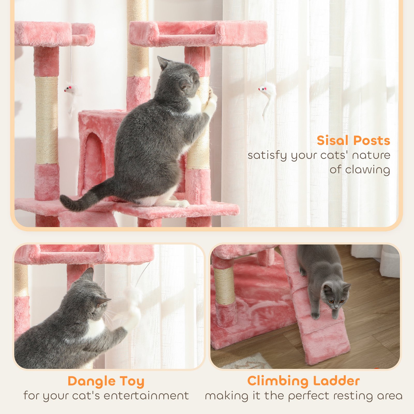 173cm Cat Tree Scratching House, Activity Play Centre, Pink