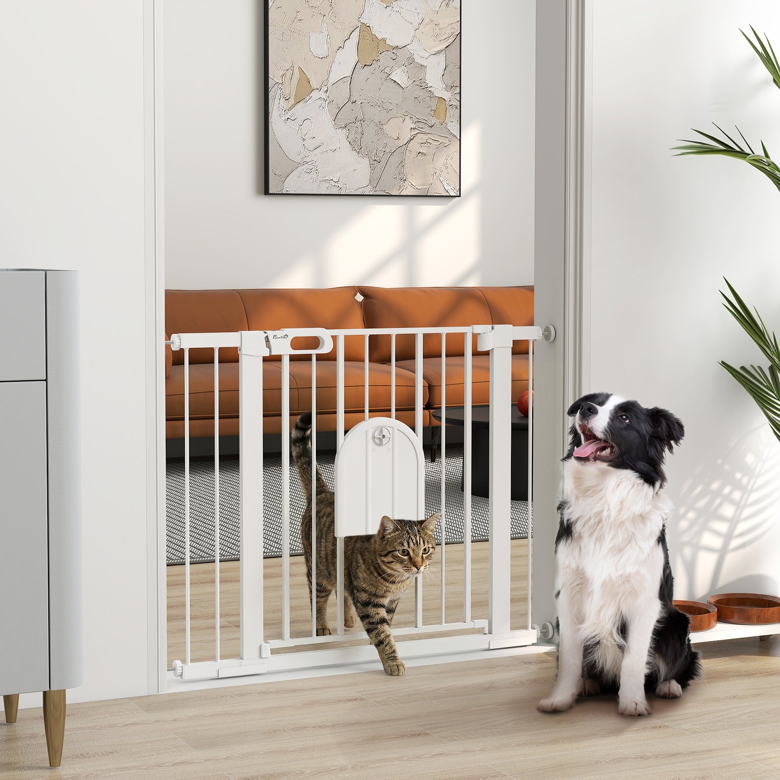 Dog Gate with Cat Flap Pet Safety Gate Barrier, Stair Pressure Fit, Auto Close, Double Locking, for Doorways, Hallways, 75-103 cm White