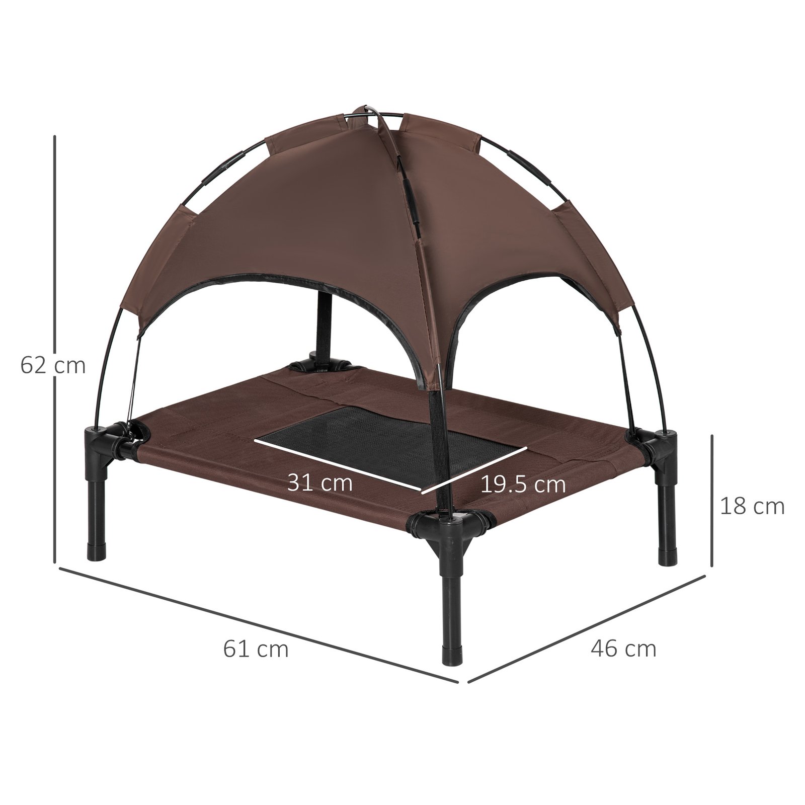 Outdoor Dog Bed with Removable Canopy, Portable Raised Dog Bed for Camping, Garden & Beach, Water-Resistant UV-Protection Mesh Pet Cot Sun Lounger, for Small Pets, 61 x 46 x 62 cm, Brown
