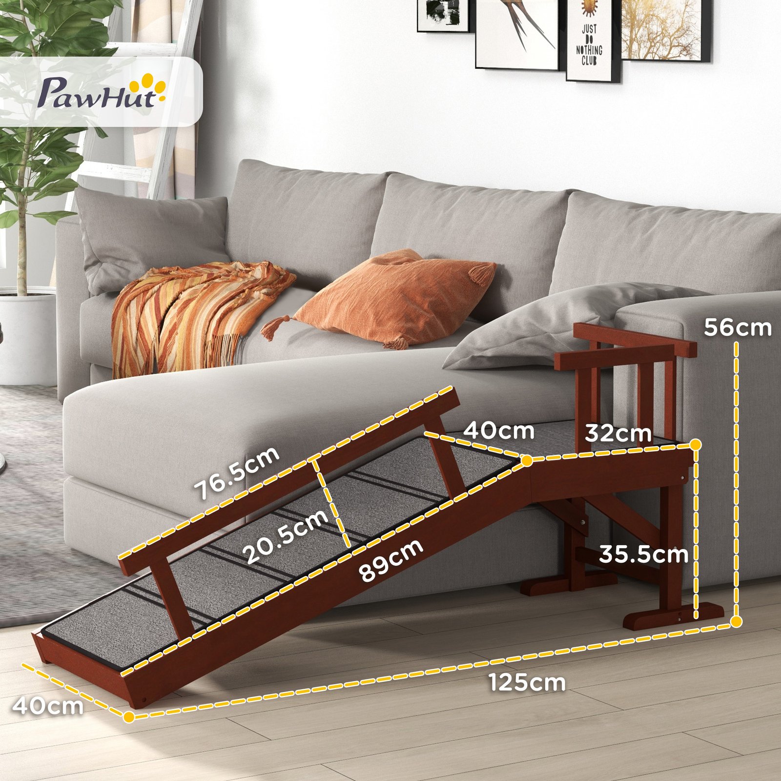 Wooden Dog Ramp with Removable Guardrails, Non-Slip Surface, 125 cm Long, Brown