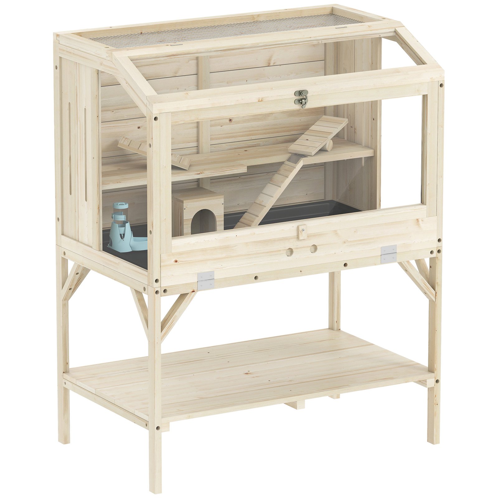 2 Tier Wooden Hamster Cage with Shelf and Openable Top