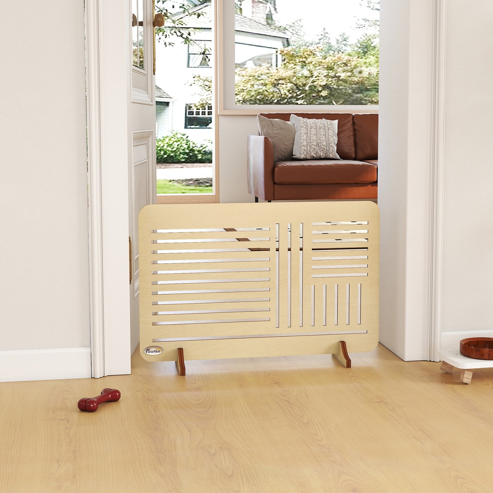 Freestanding Pet Gate, Portable Dog Barrier Gate with Feet for Small Breeds, 75 x 53 cm, Natural Wood