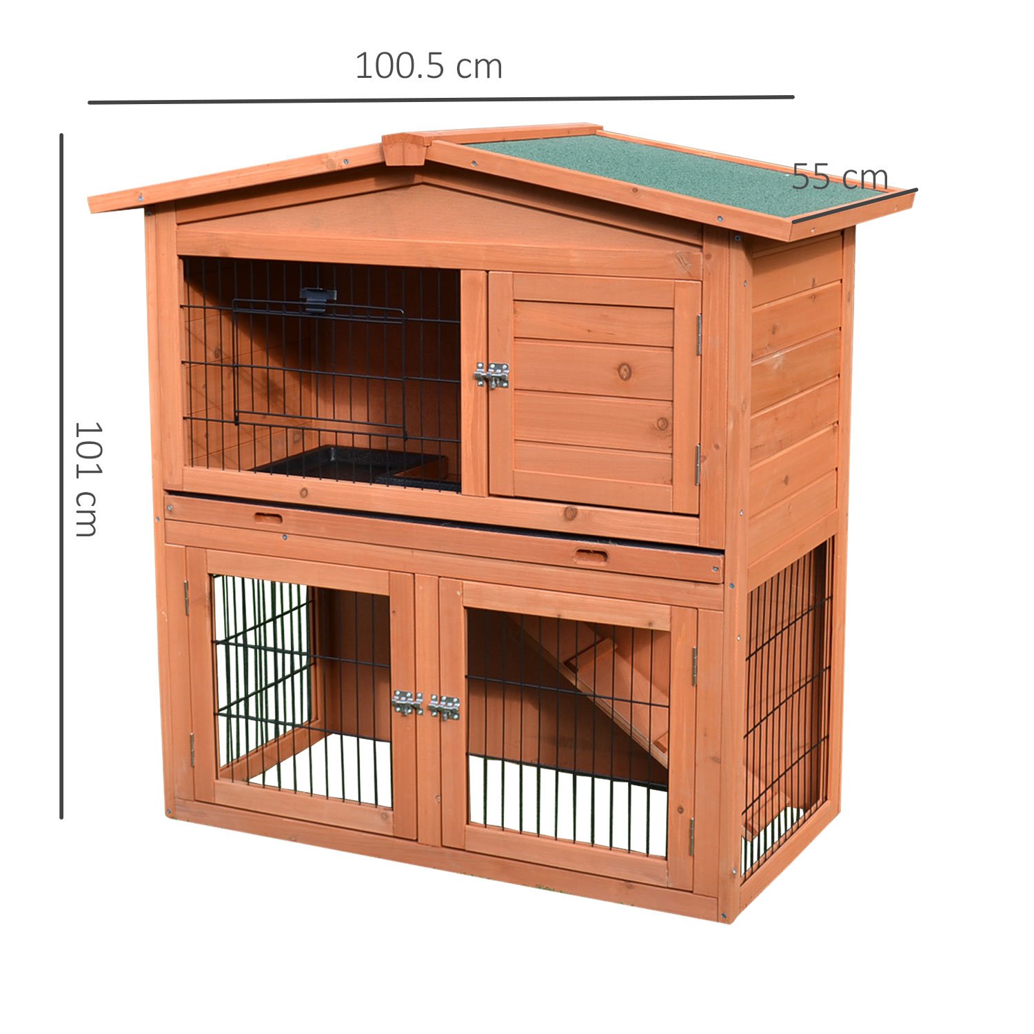 2 Tier Rabbit Hutch Guinea Pig Hutch Ferret Cage with Ramp Slide Out Tray for Indoor Outdoor 100.5 x 55 x 101 cm - Image 3