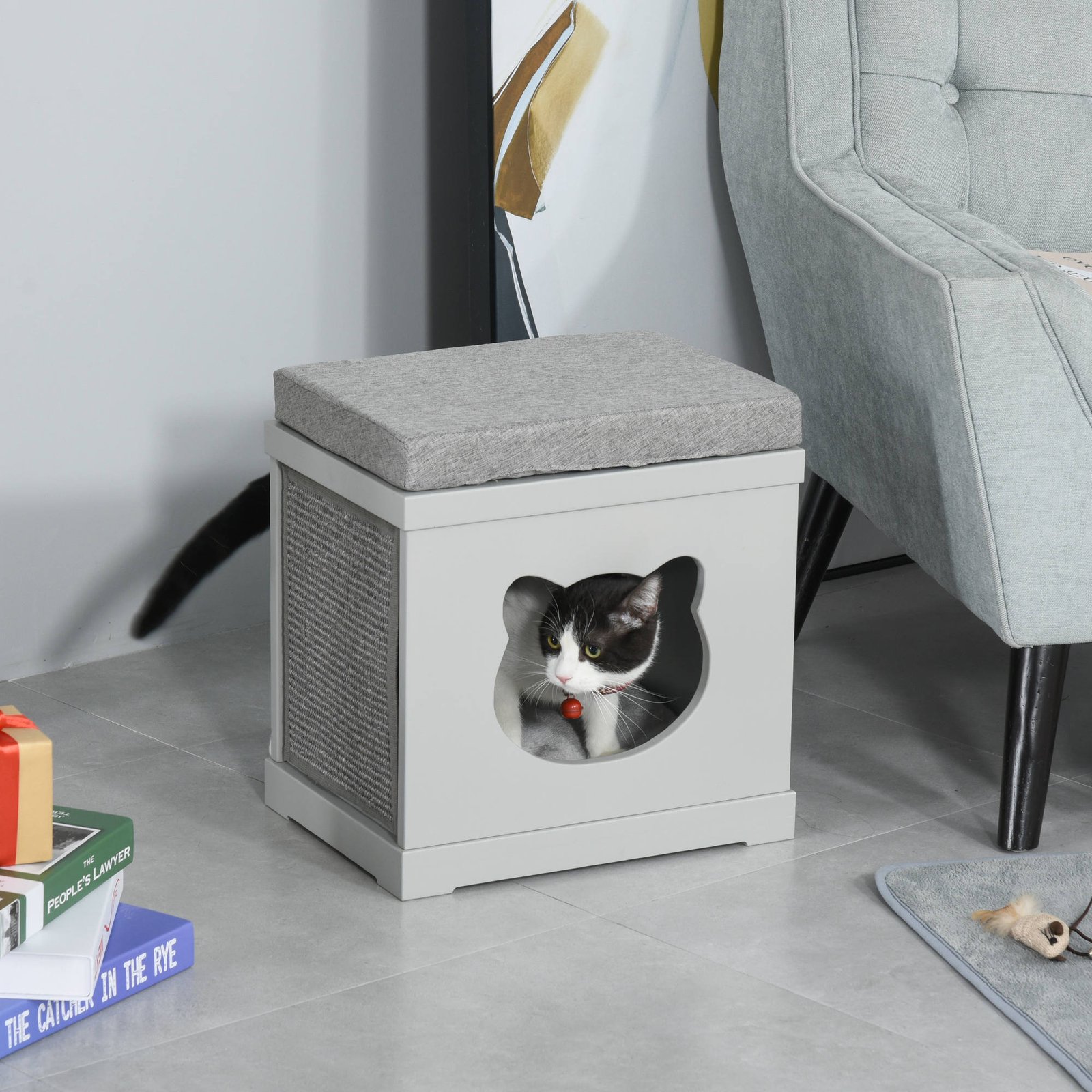 Cat House Bed Kitten Cave Cube Indoor for Small Pet with Removable Sisal Scratching Pads Soft Cushions, 41x30x36 cm, Grey - Image 9