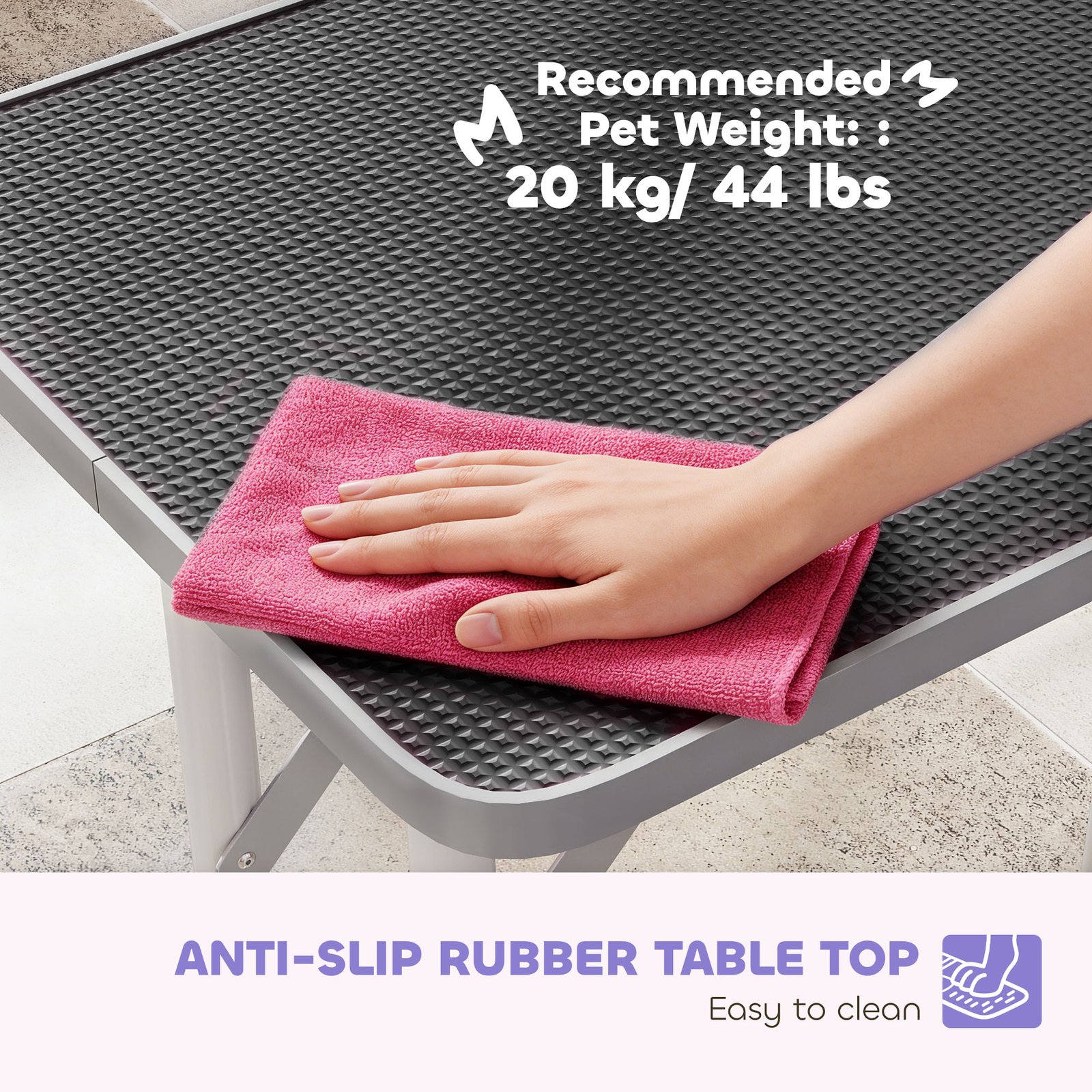 32" Foldable Dog Grooming Table Pet Drying Beauty Table Adjustable Fixed Arm Rubber Top, Black