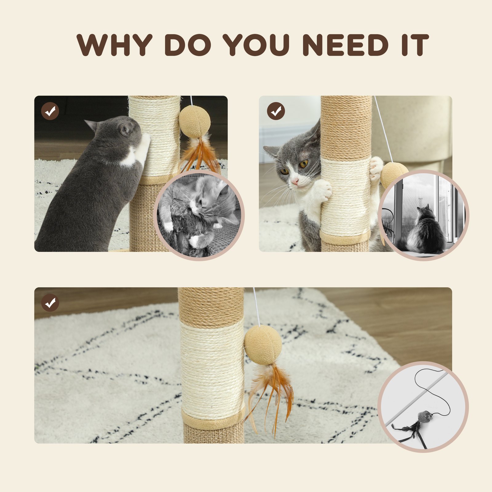 Cat Scratching Post for Indoor Cats, 47cm Tall Cat Scratcher with Jute Sisal Rope, Hanging Toy Ball, Feather, Brown - Image 6