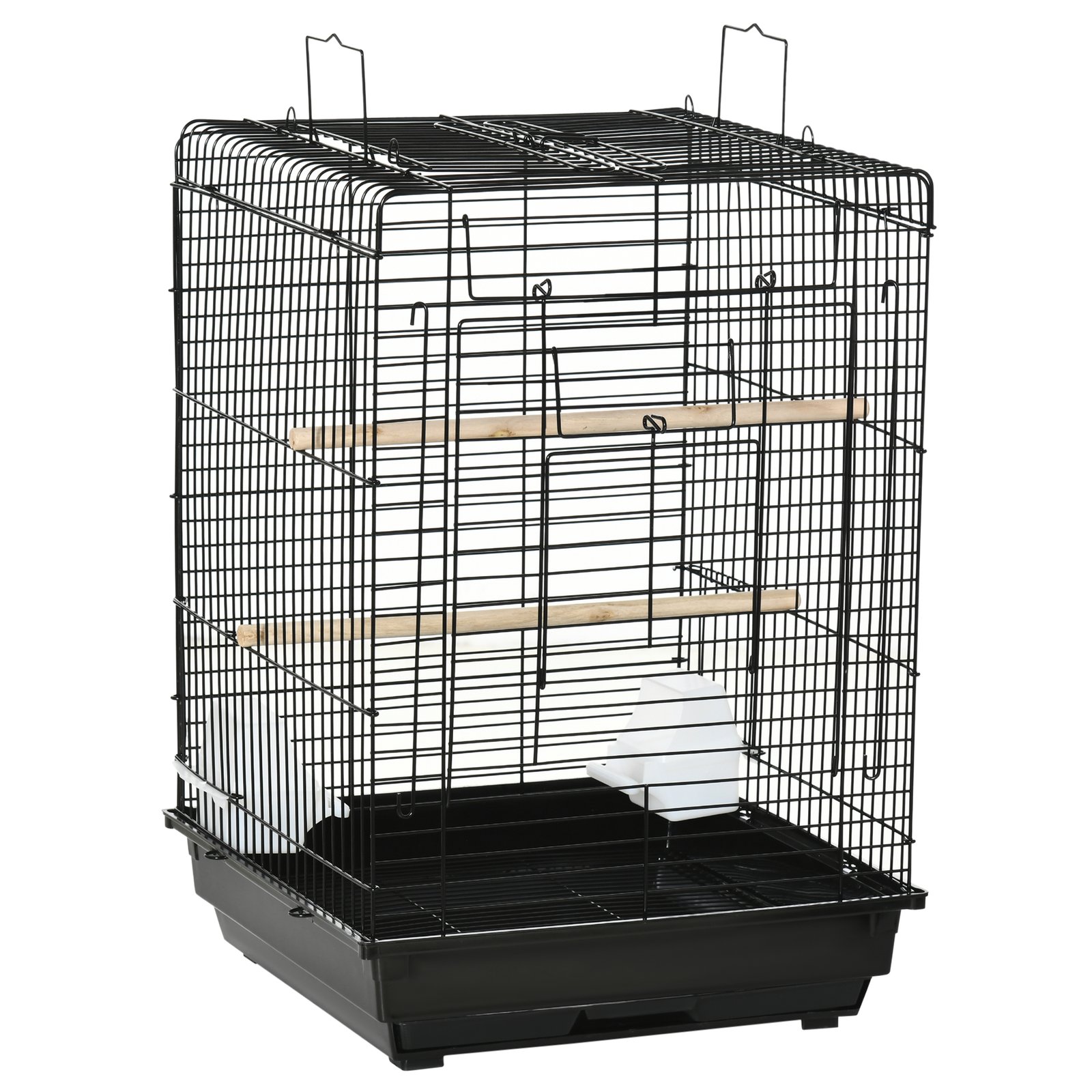 Steel Bird Cage with Openable Top, Stand, Tray, Handles, Feeding Bowls for Parakeet Cockatiel - Black