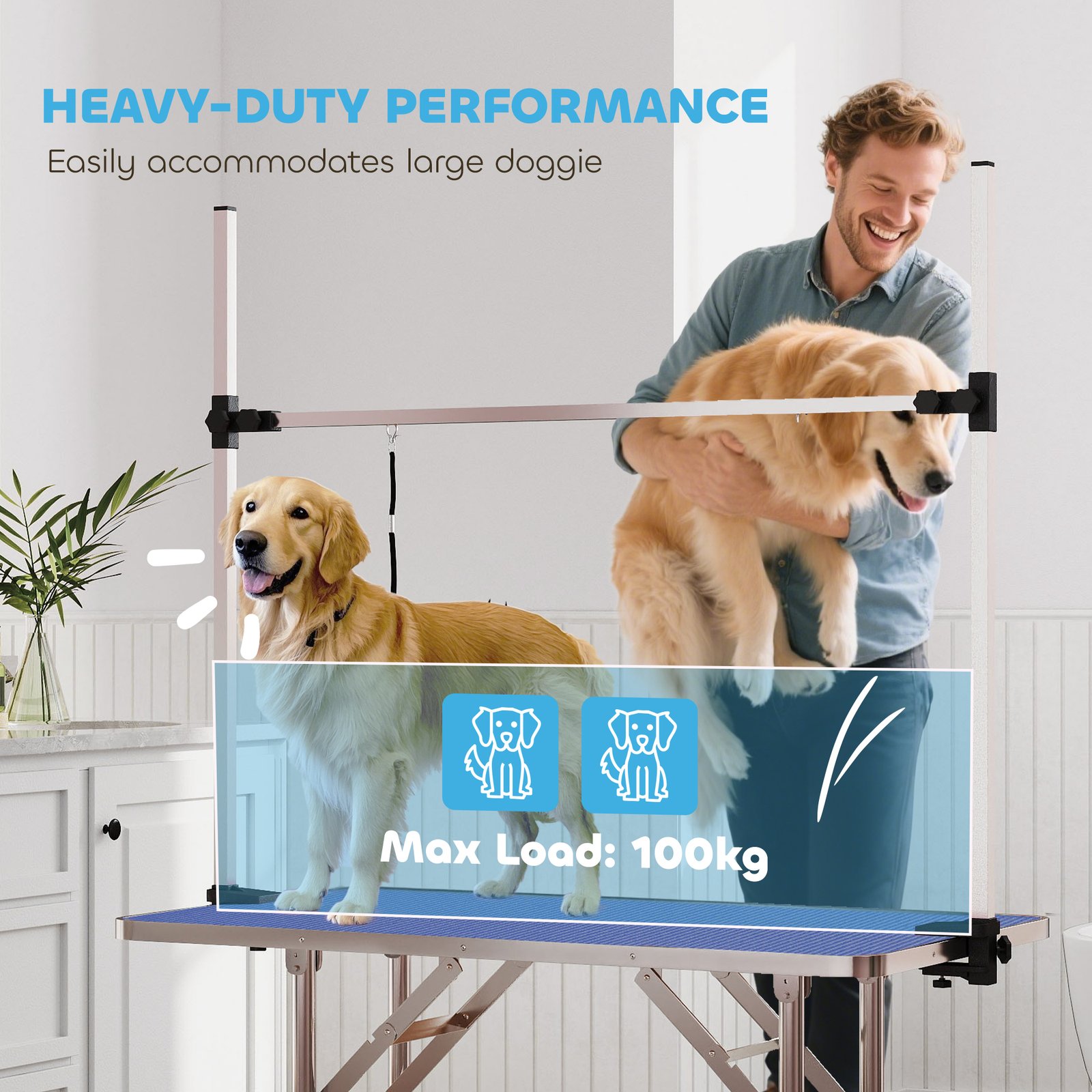 42" Dog Grooming Table, Adjustable Pet Cat Drying Beauty Table with 2 Loops Storage Basket, Rubber Top, Blue