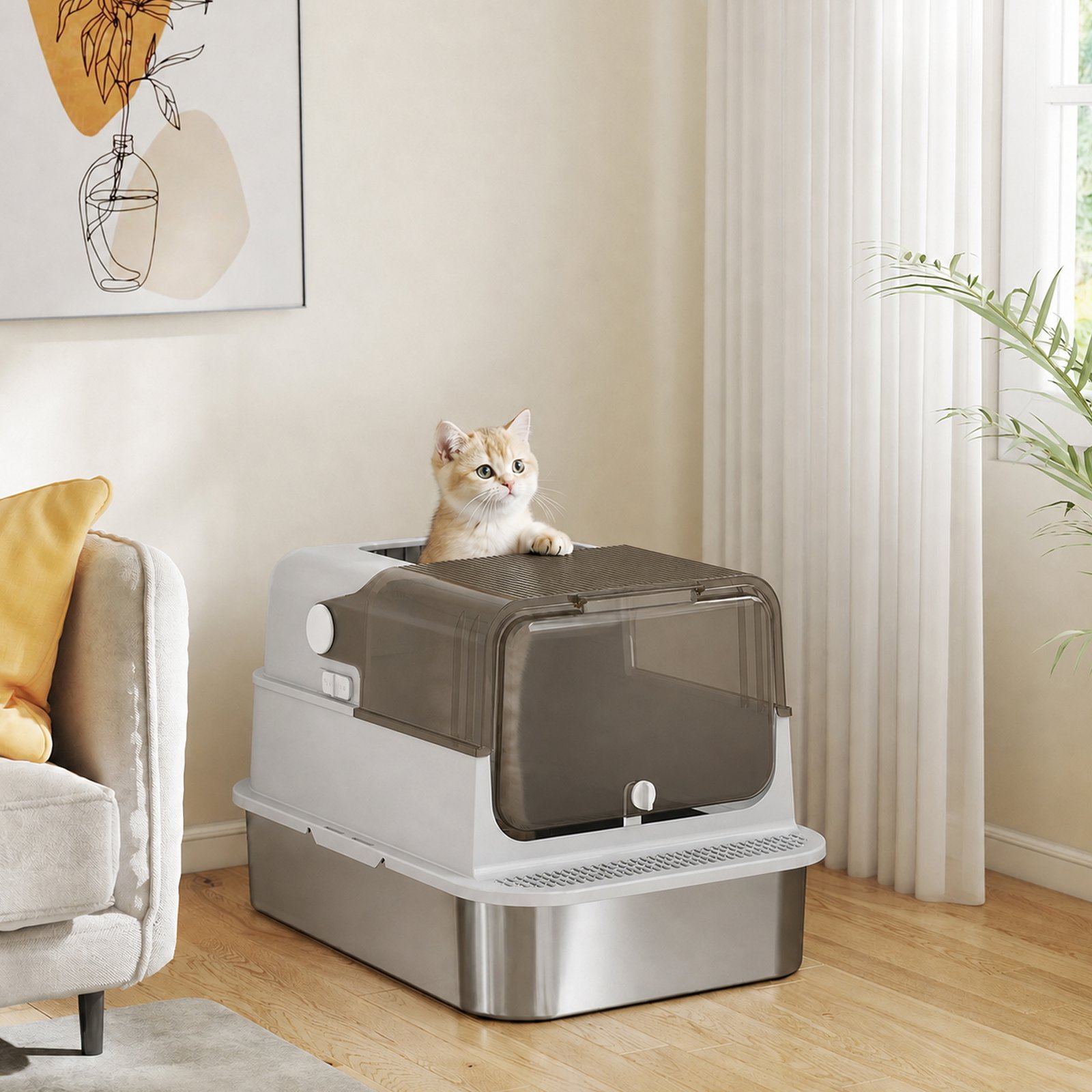 XXL Stainless Steel Cat Litter Tray, Enclosed Cat Litter Box with 90° Flip Cover, Double Doors, Scoop, Easy Clean, Grey