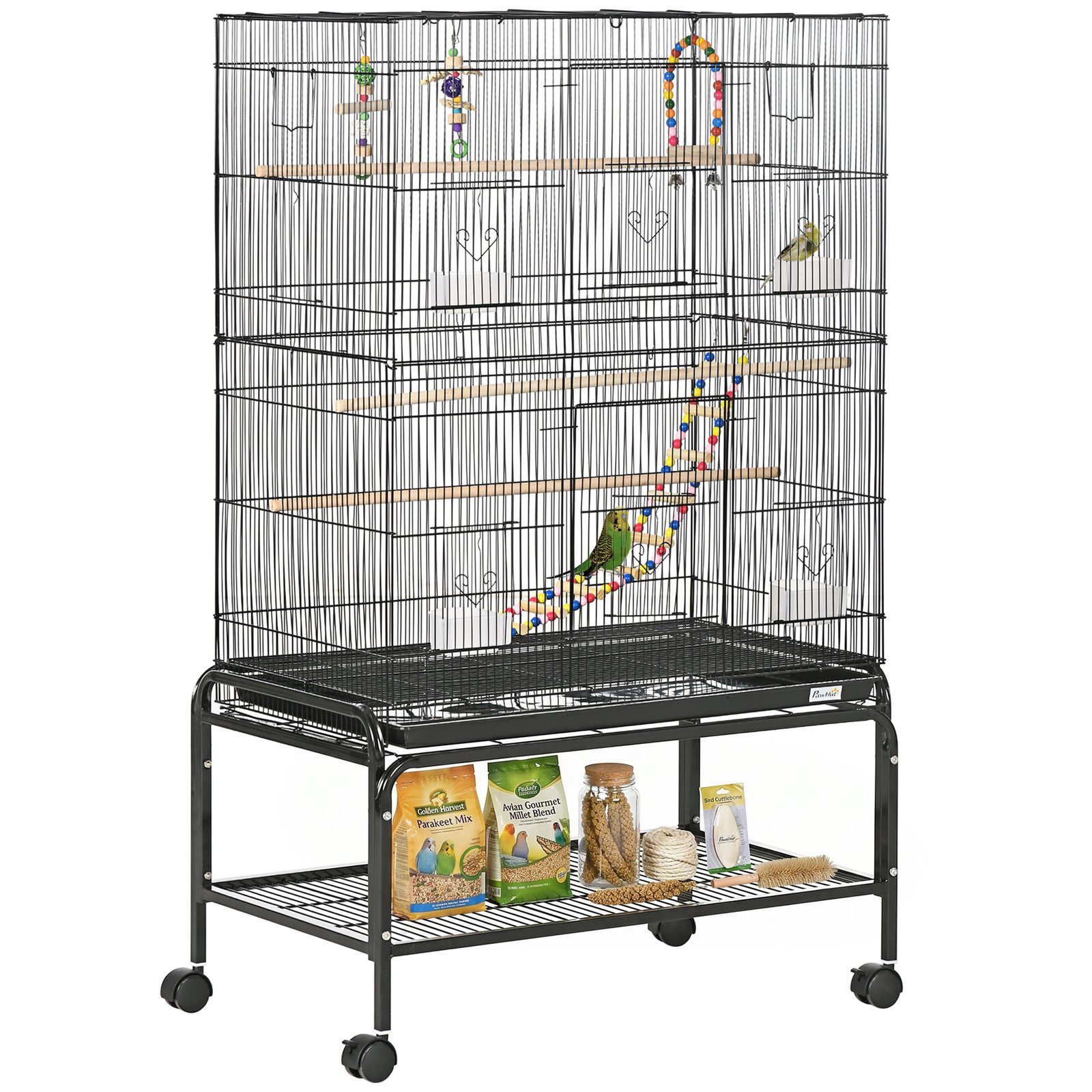 Large Bird Cage Budgie Cage with Stand, Toys, Wheels, Accessories, Storage Shelf for Canaries, Finches, Lovebirds, Parakeets - Black, 79 x 49 x 133 cm