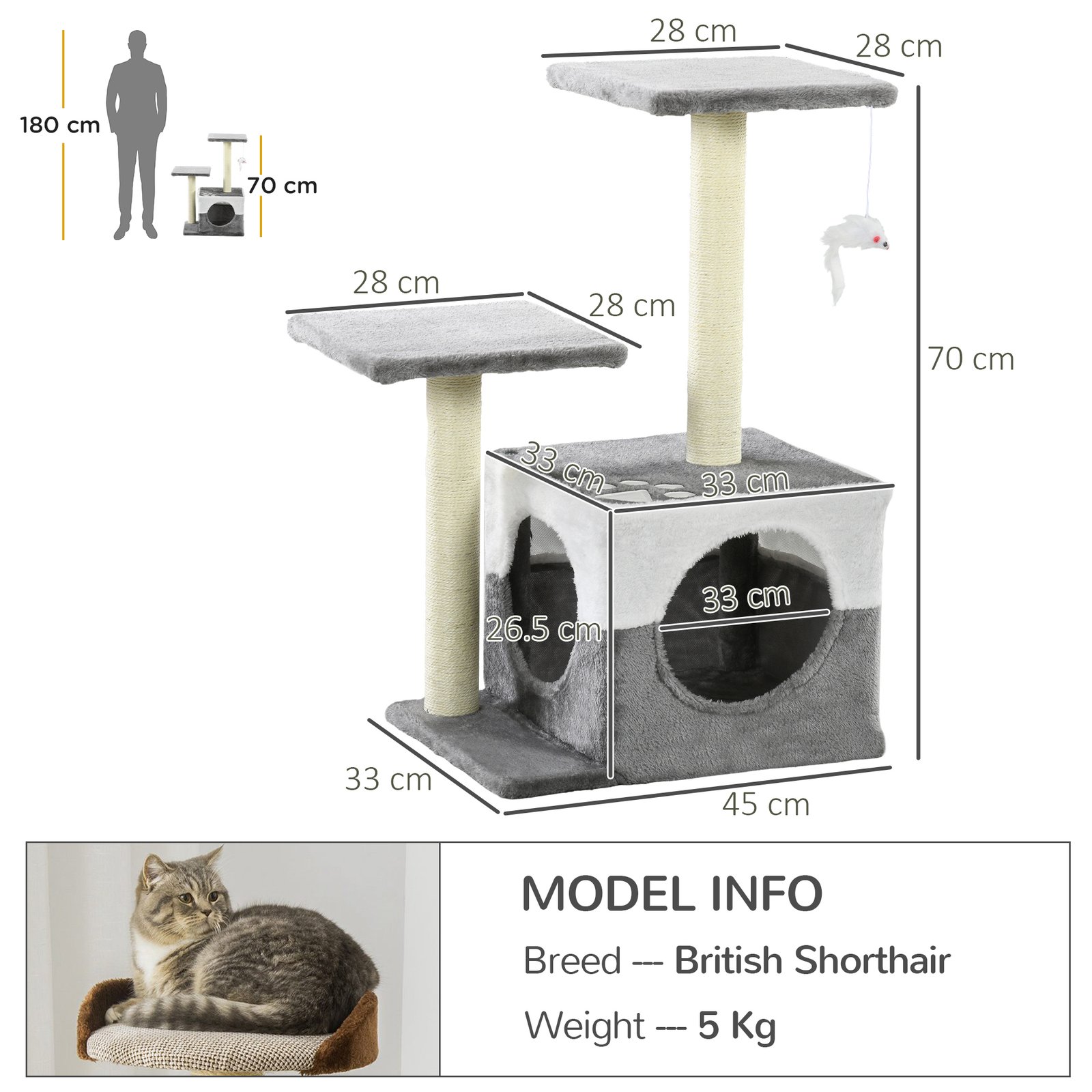 Cat Tree w/ Sisal Scratching Posts, House, Perches, Toy Mouse, Grey - Image 3