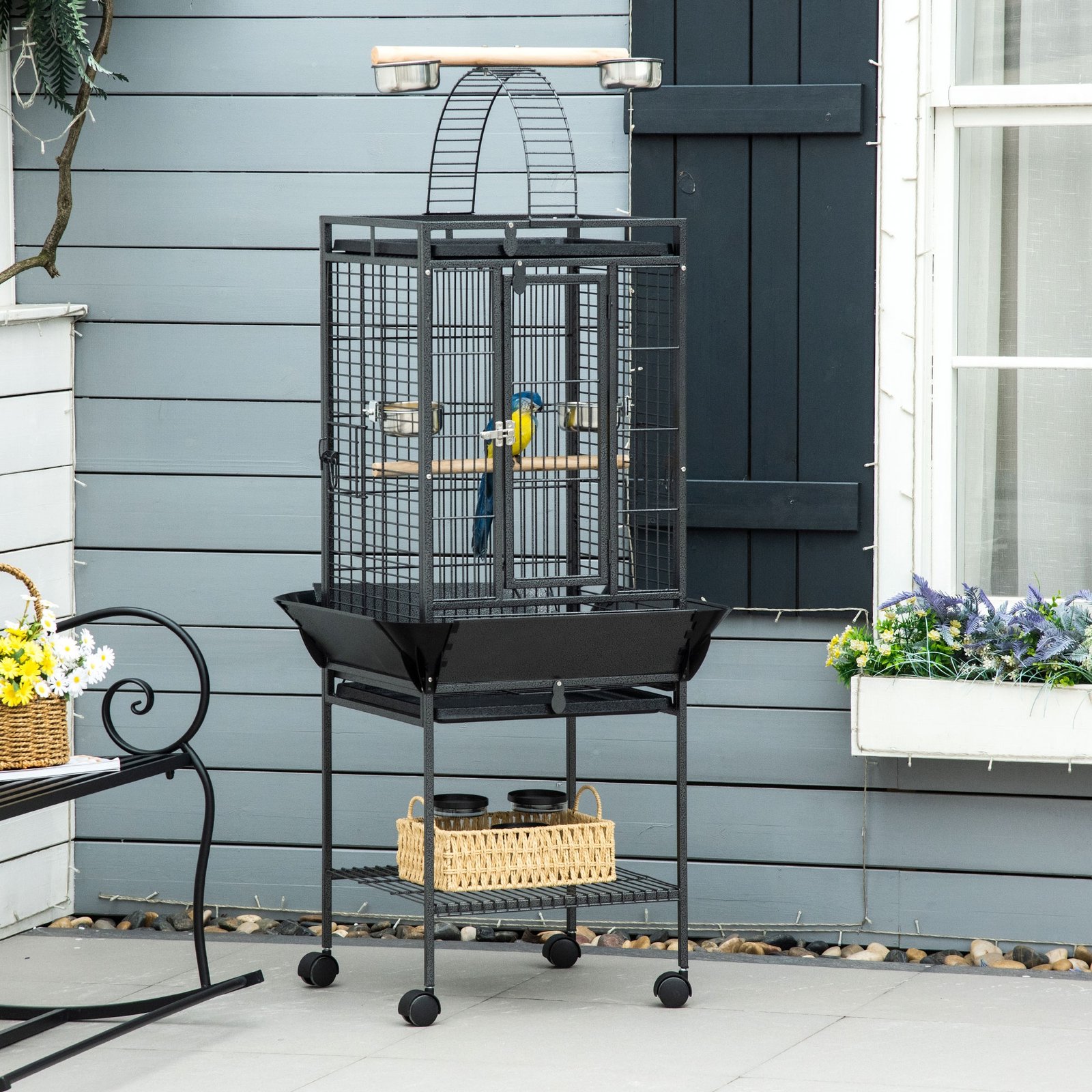 156cm Bird Cage, Parrot Cage with Open Play Top, Perch, Seed Guard, Wheels, Storage Shelf, Dark Grey