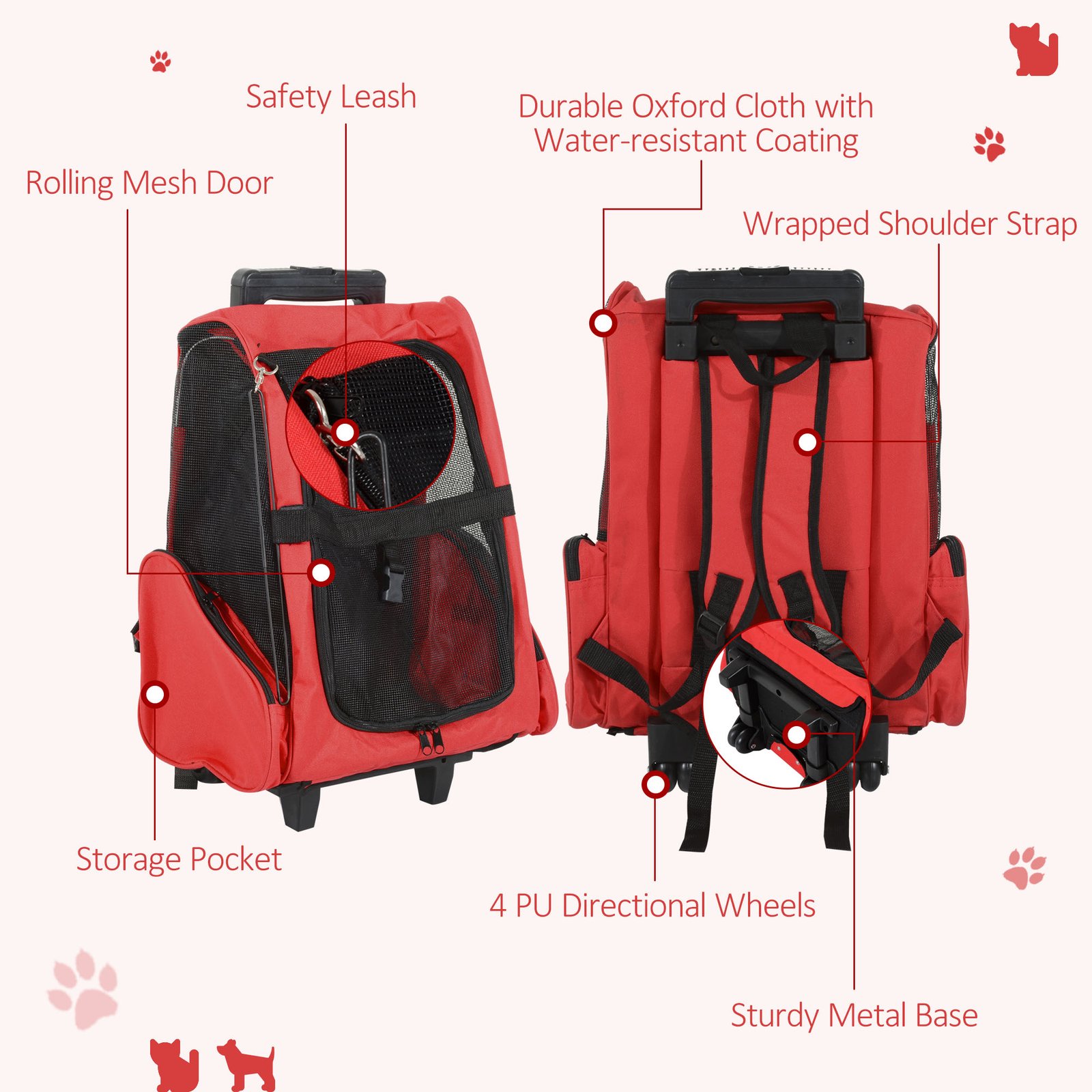 2 in 1 Dog Backpack and Trolley, Pet Travel Backpack Cat Dog Carrier with Telescopic Handle, Portable Pet Stroller Wheel Luggage Bag (Red)