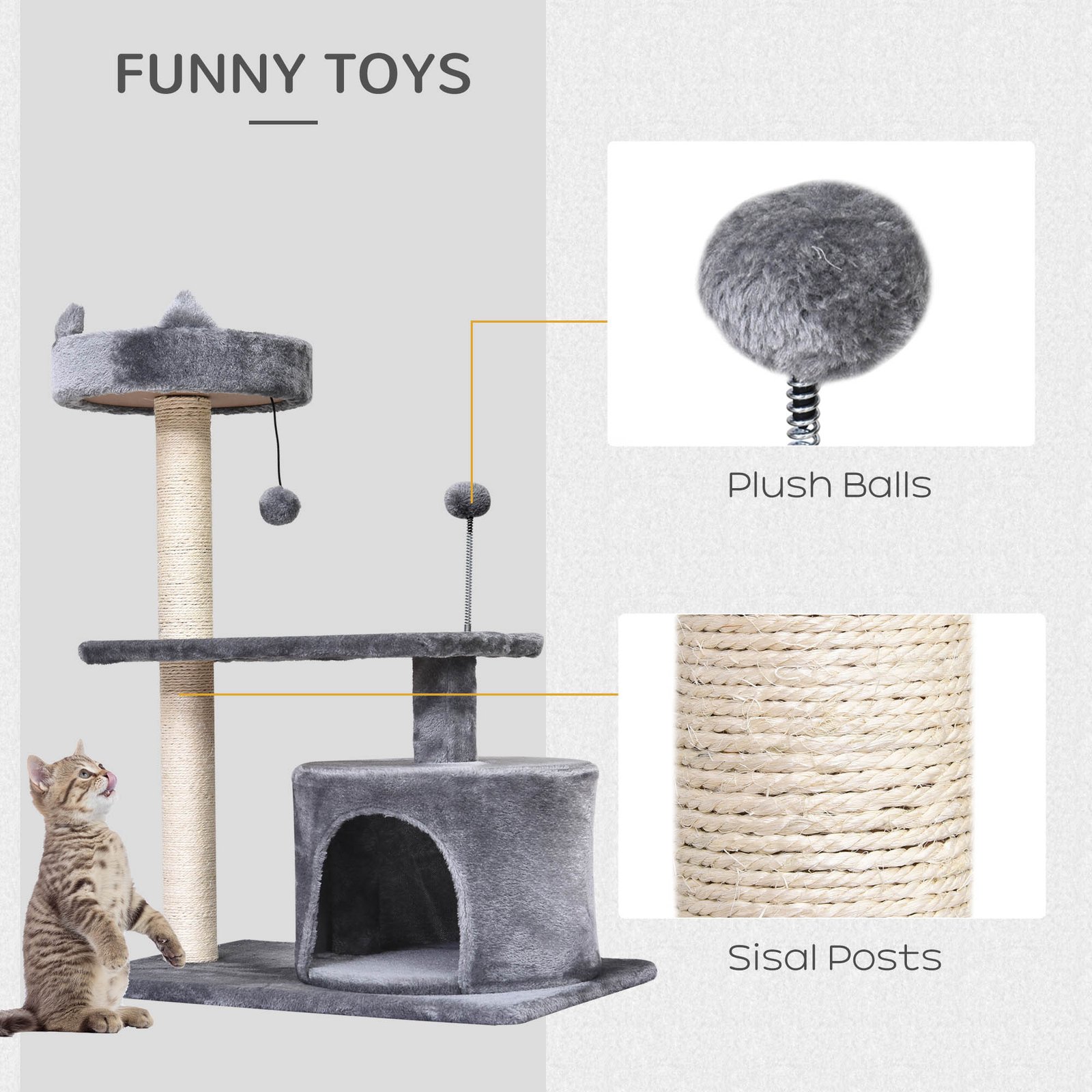 Cat Tree for Indoor Cats with Scratching Post Climbing Tower Kitty Activity Centre Condo Perch Jumping Platforms Grey 60L x 40W x 81H cm - Image 6