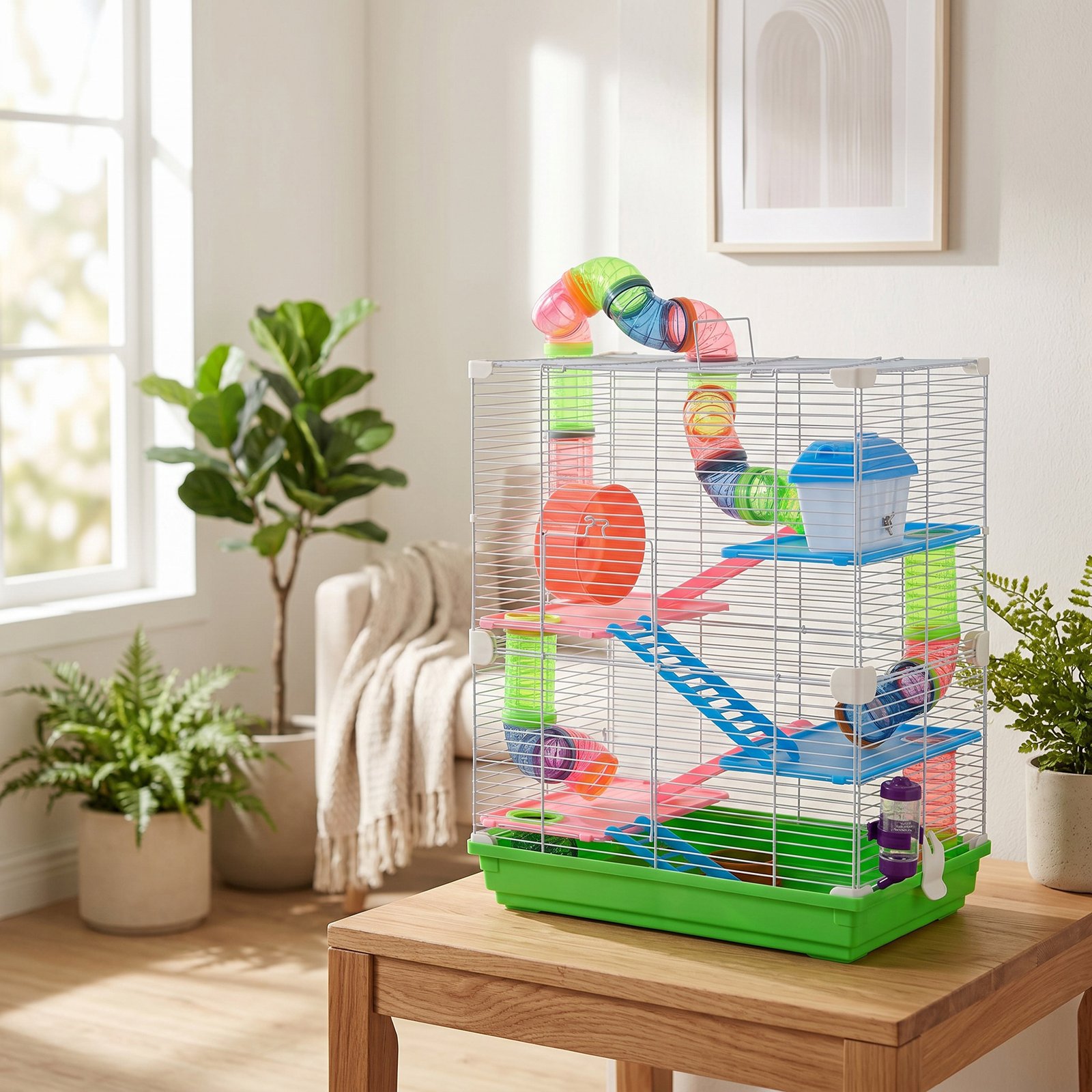 5 Tier Hamster Cage Carrier Habitat w/ Exercise Wheels, Tunnel, Green