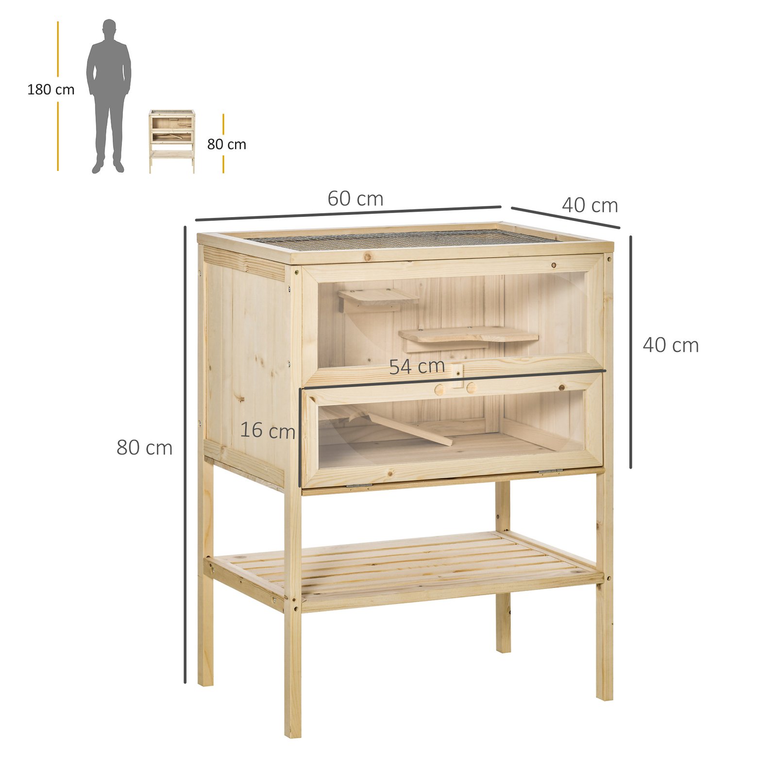 Wooden Hamster Cage with Storage Shelf, Small Animal Exercise Play Enclosure Gerbil Cage with Openable Top, Ramp for Gerbils, Drawf Hamsters, 60 x 40 x 80 cm - Natural