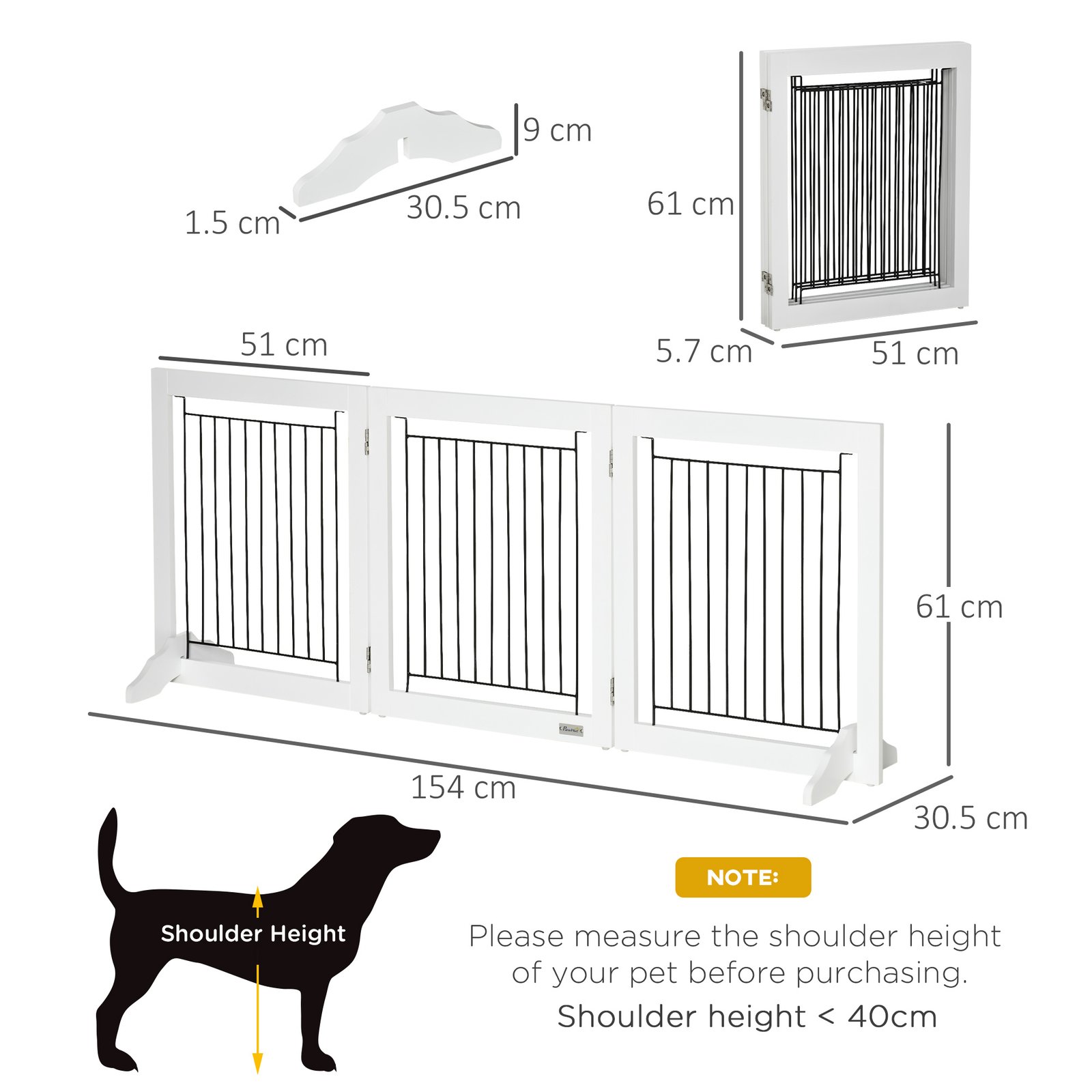 Foldable Pet Gate, with Three Panels & Two Support Feet - White - Image 3