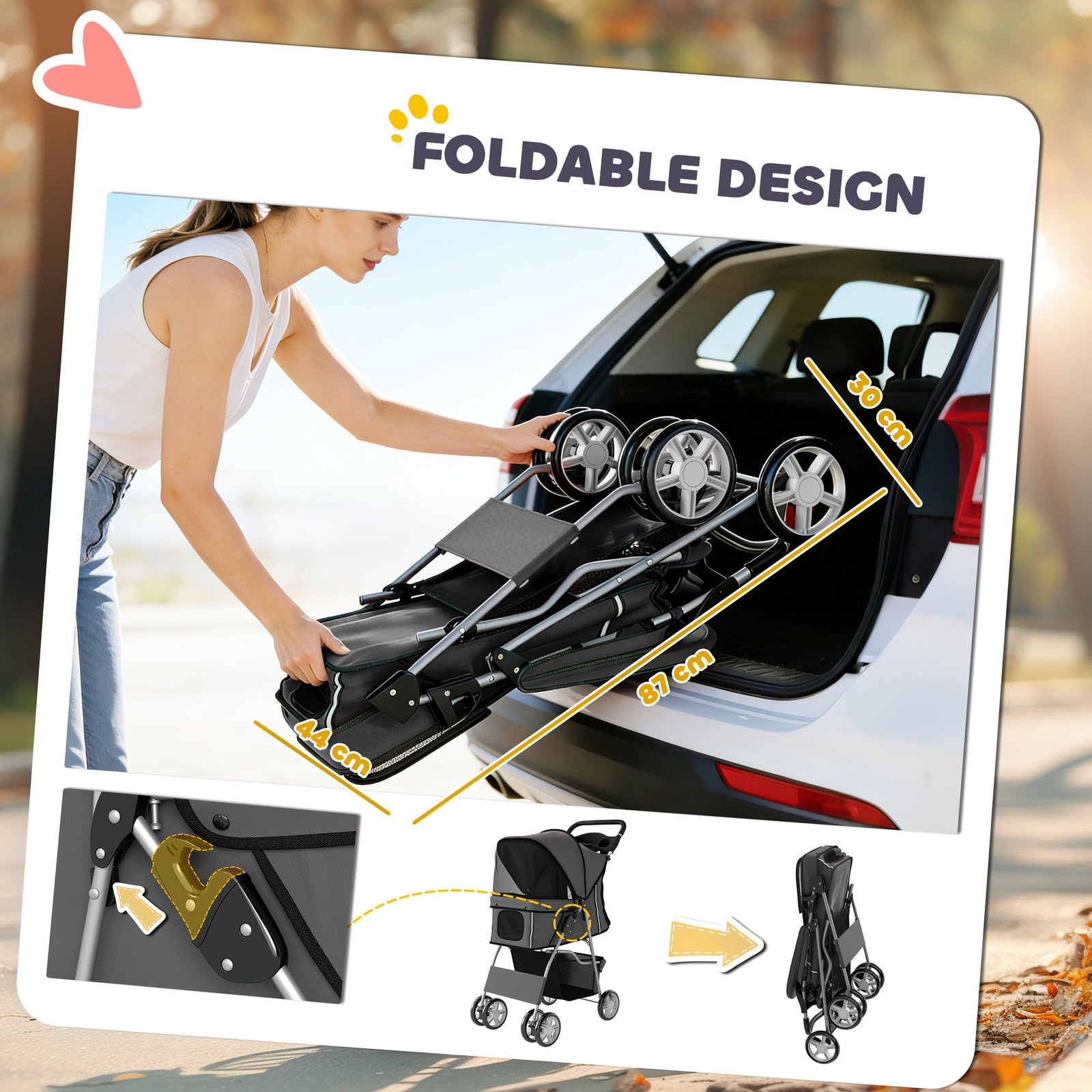 Dog Pram, Pet Stroller with Reflective Strips, Foldable Cat Stroller with 360° Swivel Wheels, Dark Grey - Image 5