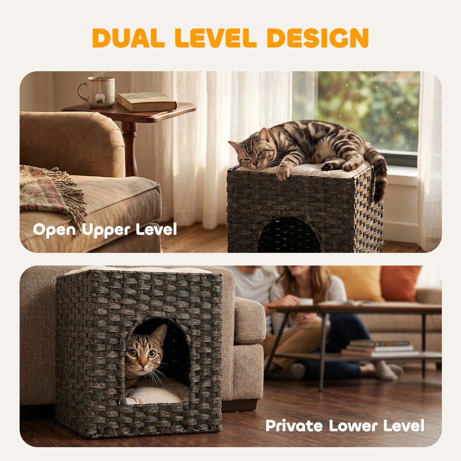 2-Tier Wicker Cat House, Handwoven Rattan Cat Bed with Washable Cushions, Indoor Kitten Condo Hideaway - Image 4