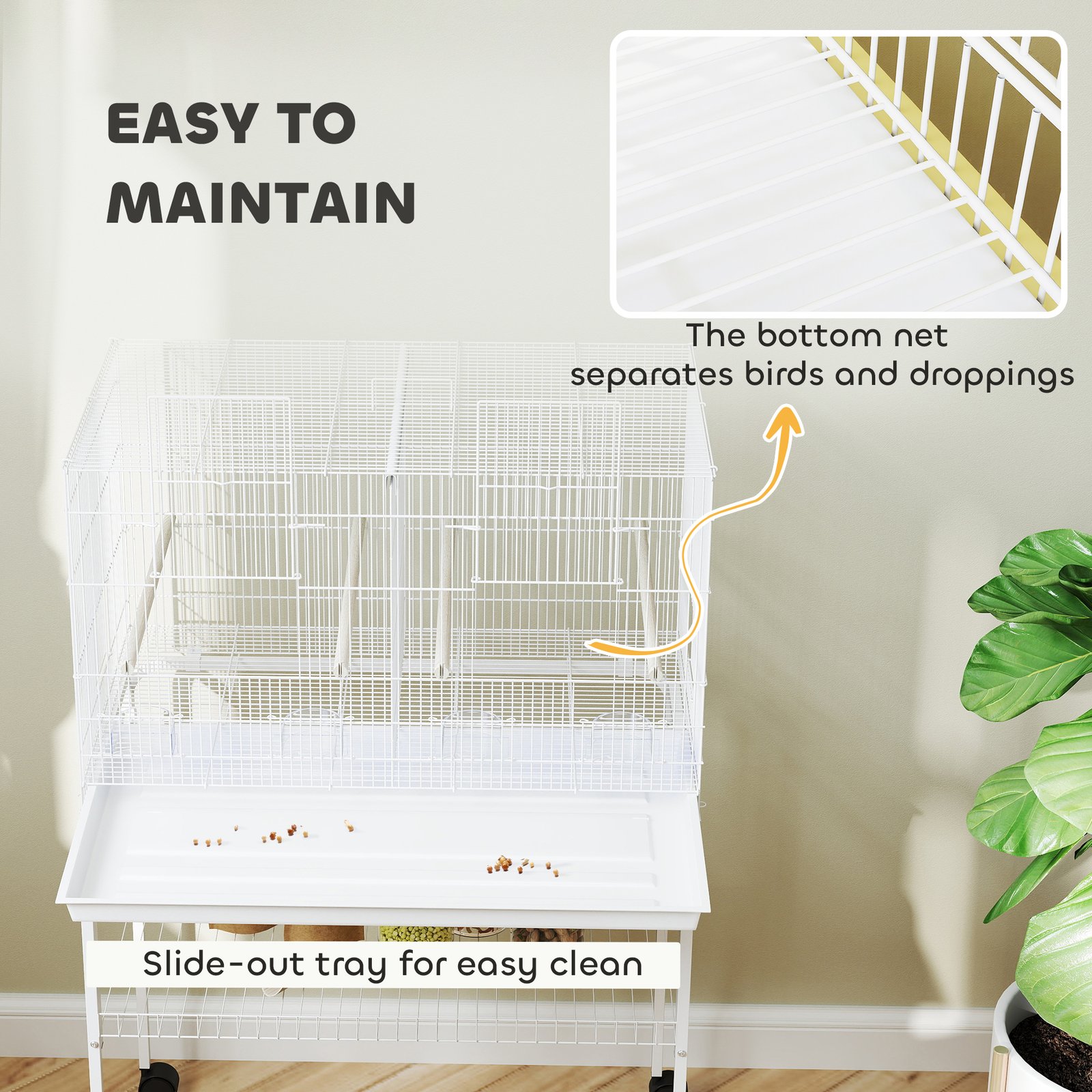 Bird Cage with Divider, 4 Wooden Perches, Slide Out Tray, 4 Feeders, for Budgie, Lovebird, Canary, 76 x 46 x 116cm White - Image 7
