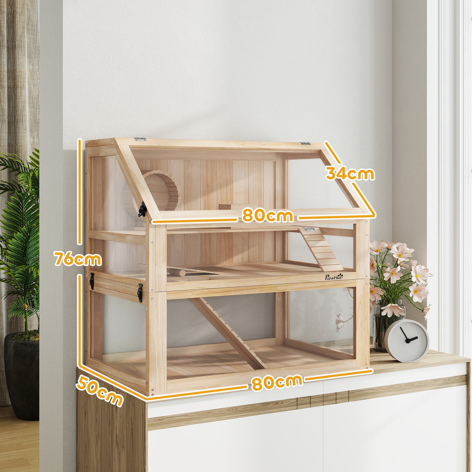 Wooden Hamster Cage with Detachable 31cm Deep Bottom, Hut, Seesaw, Exercise Wheel, Ramp, 80 x 50 x 76cm, Natural