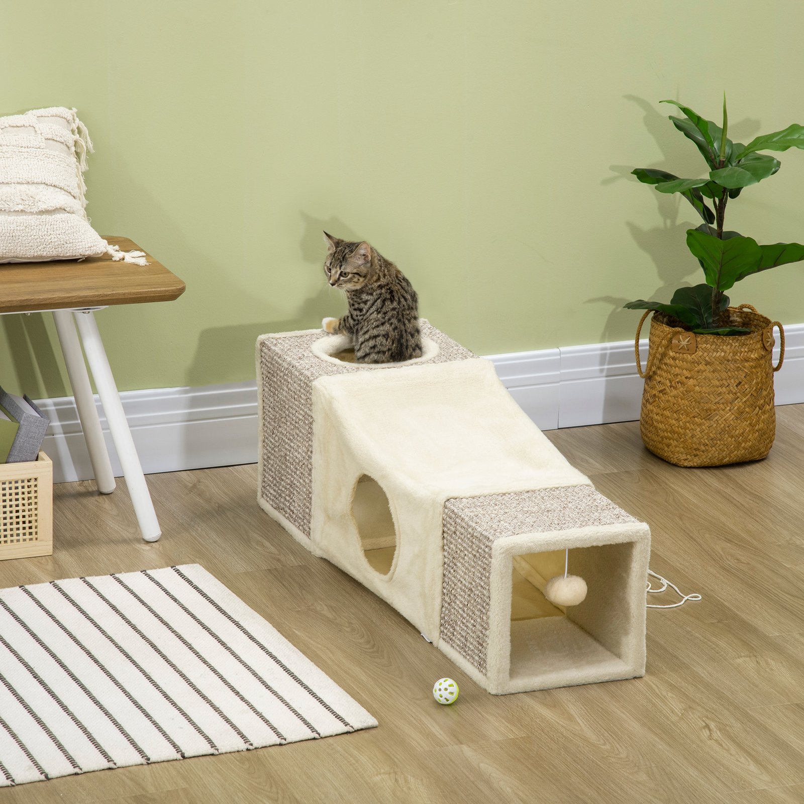 Cat Tunnel, Plush Large Play Tunnel with Two Caves and Hanging Ball, Cream White