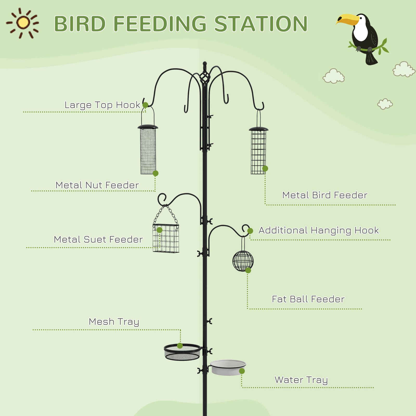 Bird Feeding Station Kit, Wild Bird Feeder Pole with 6 Hooks, 4 Hanging Feeders for Peanuts, Seed, Fat Balls, for Garden, Outdoor, Black