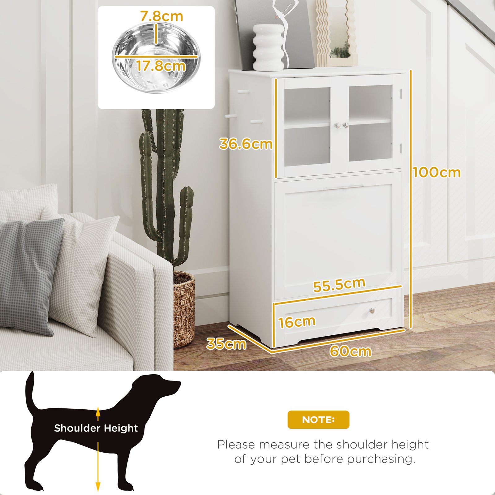 Dog Feeding Station with 2 Storage Cabinets, 2 Elevated Bowls, Side Hooks, Anti-tip Kit for Water and Feeding Supplies