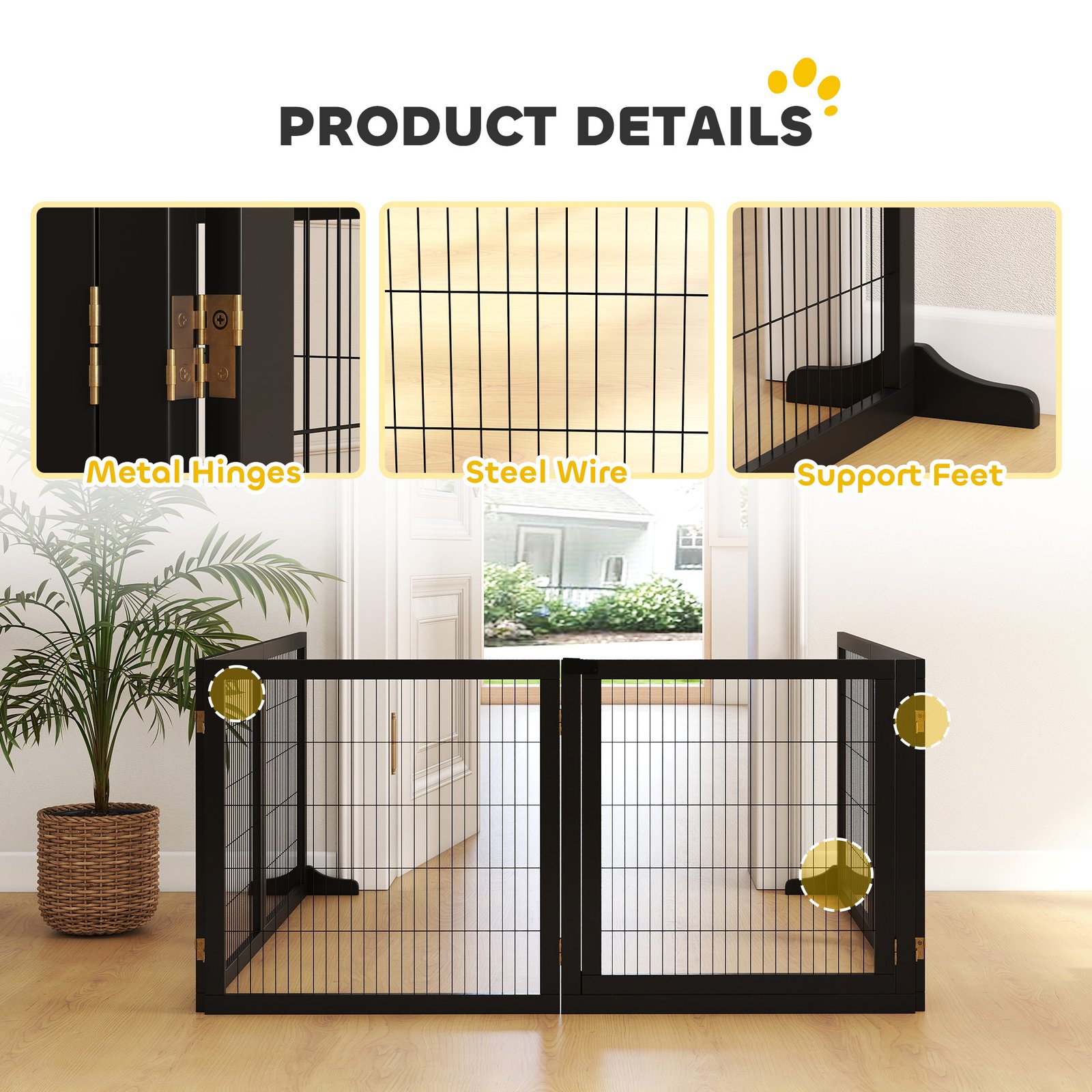 Wooden Pet Gate, Freestanding Dog Security Barrier with Two Support Feet - Black