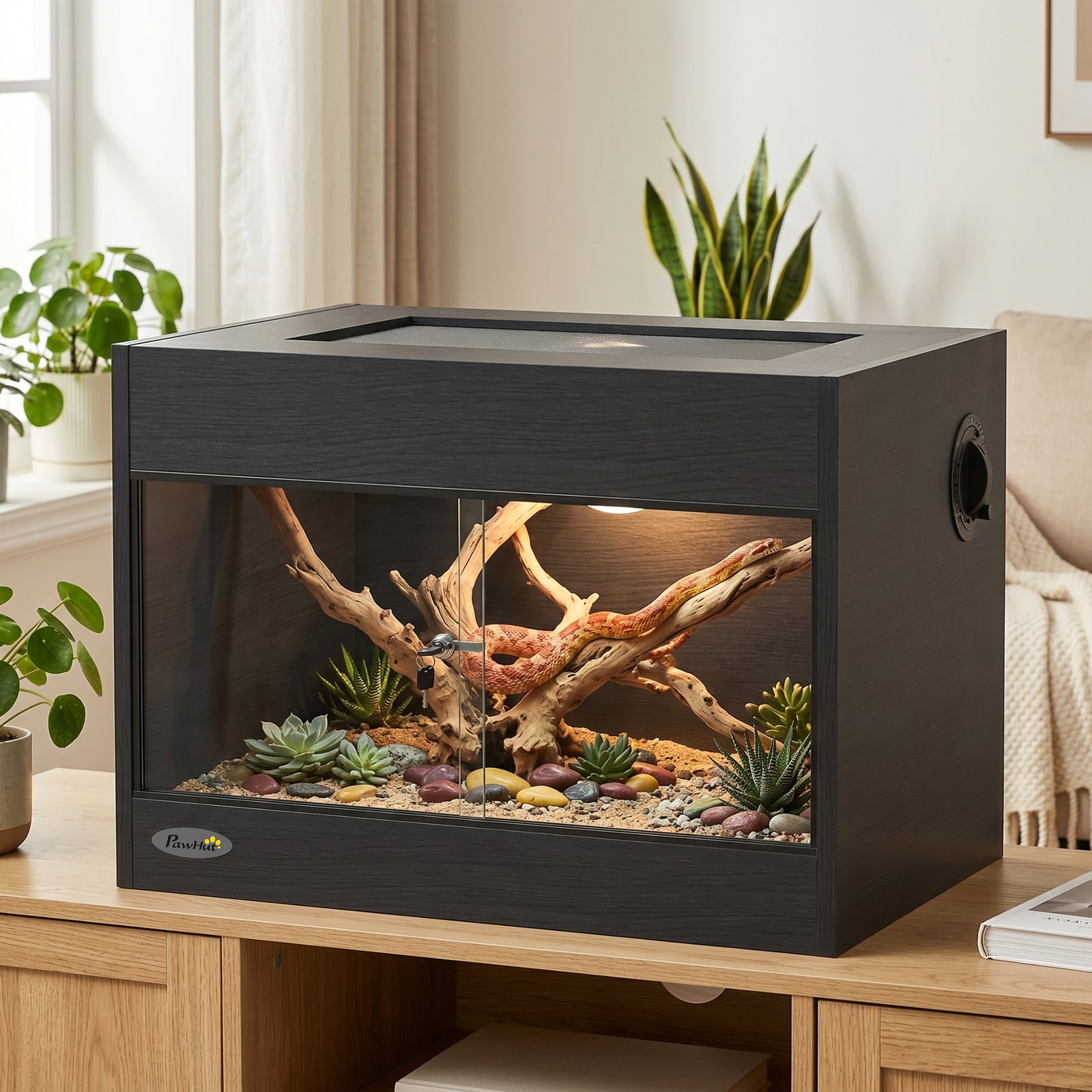 Reptile Terrarium, Reptile Vivarium with Glass Doors, Secure Lock, Top Ventilation for Snake, Gecko, 60x45x45cm, Black - Image 8