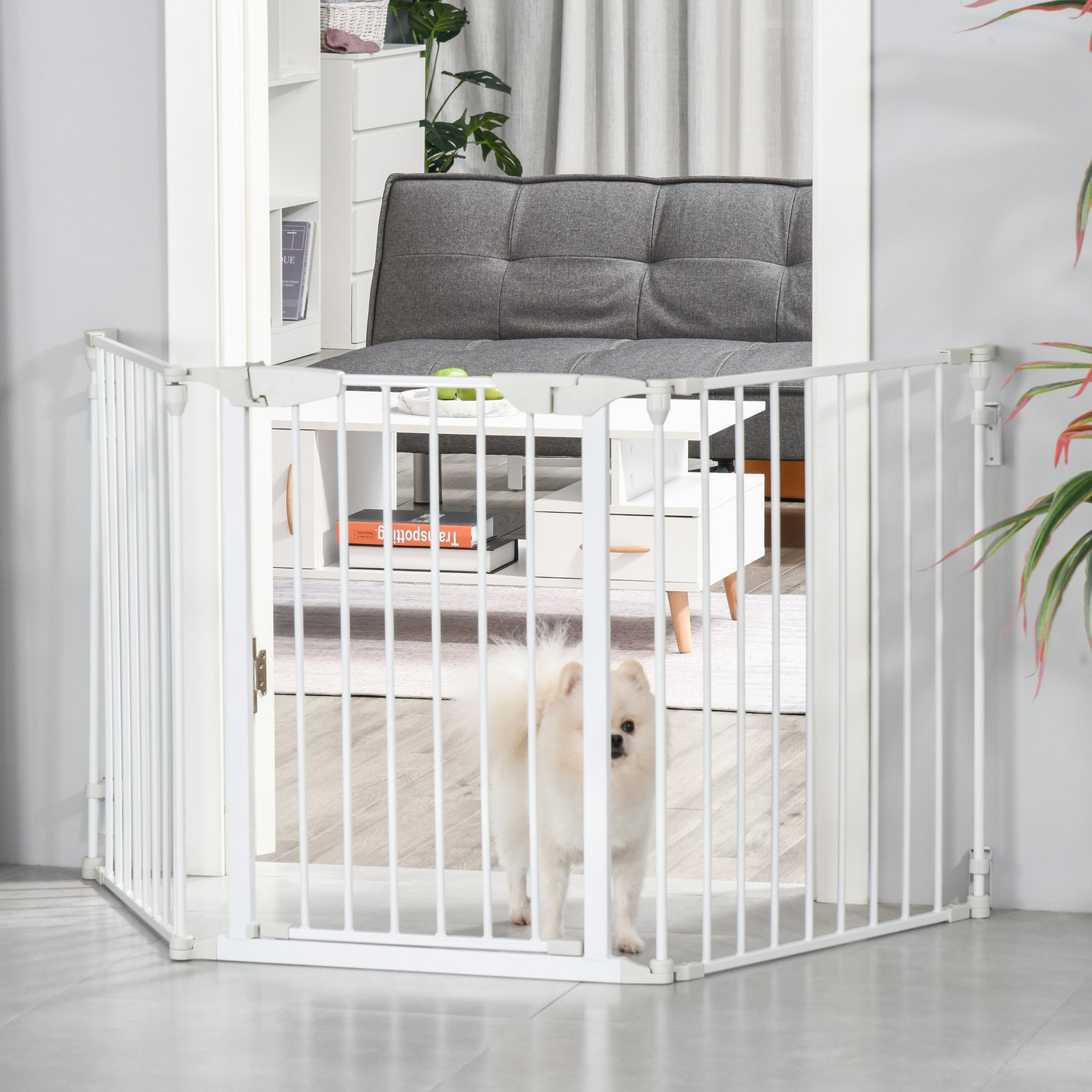 Pet Safety Gate, 3 Panels Playpen Fireplace, Foldable Metal Fence, Stair Barrier, Room Divider, Fire Guard w/ Automatic Closing Door, White - Image 9