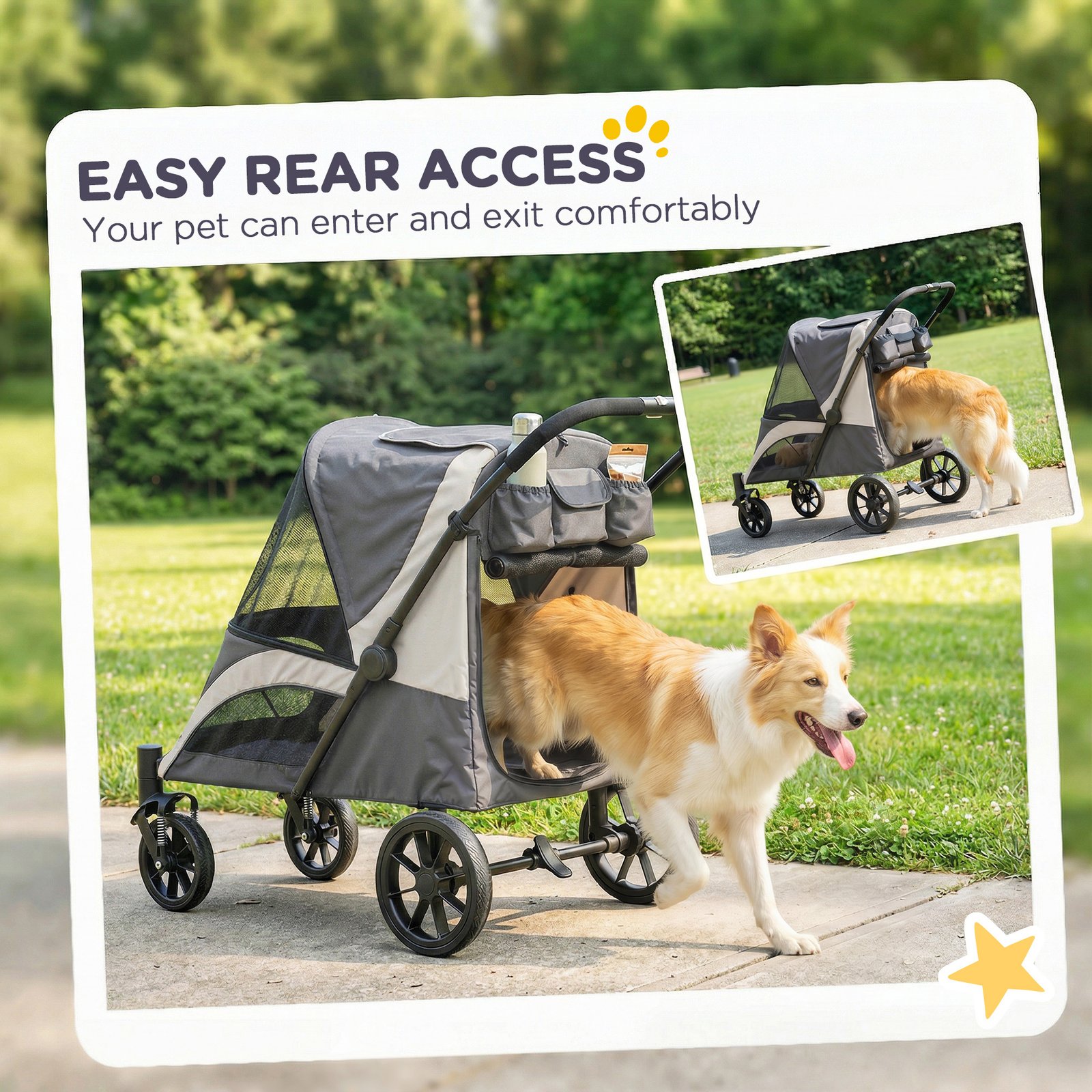 Foldable Pet Stroller for Medium Dogs with 4 Big Wheels, Shock-Absorbing Frame, Safety Leashes, Brakes, Dark Grey