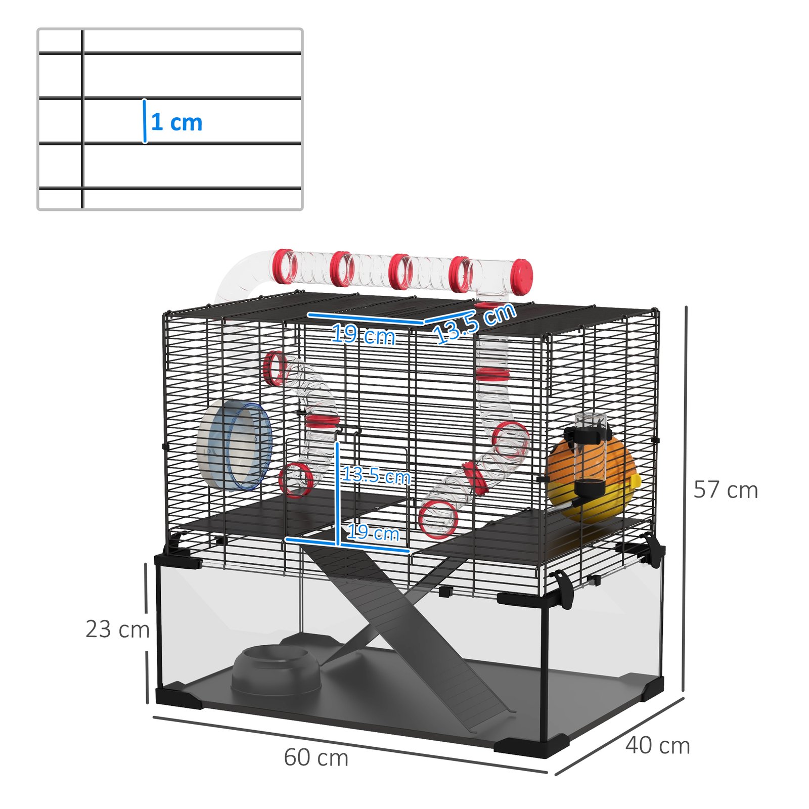 Gerbil Cage Dwarf Hamster Cage, with Deep Glass Bottom, Tunnels, Hut, Exercise Wheel, 60 x 40 x 57cm - Image 3
