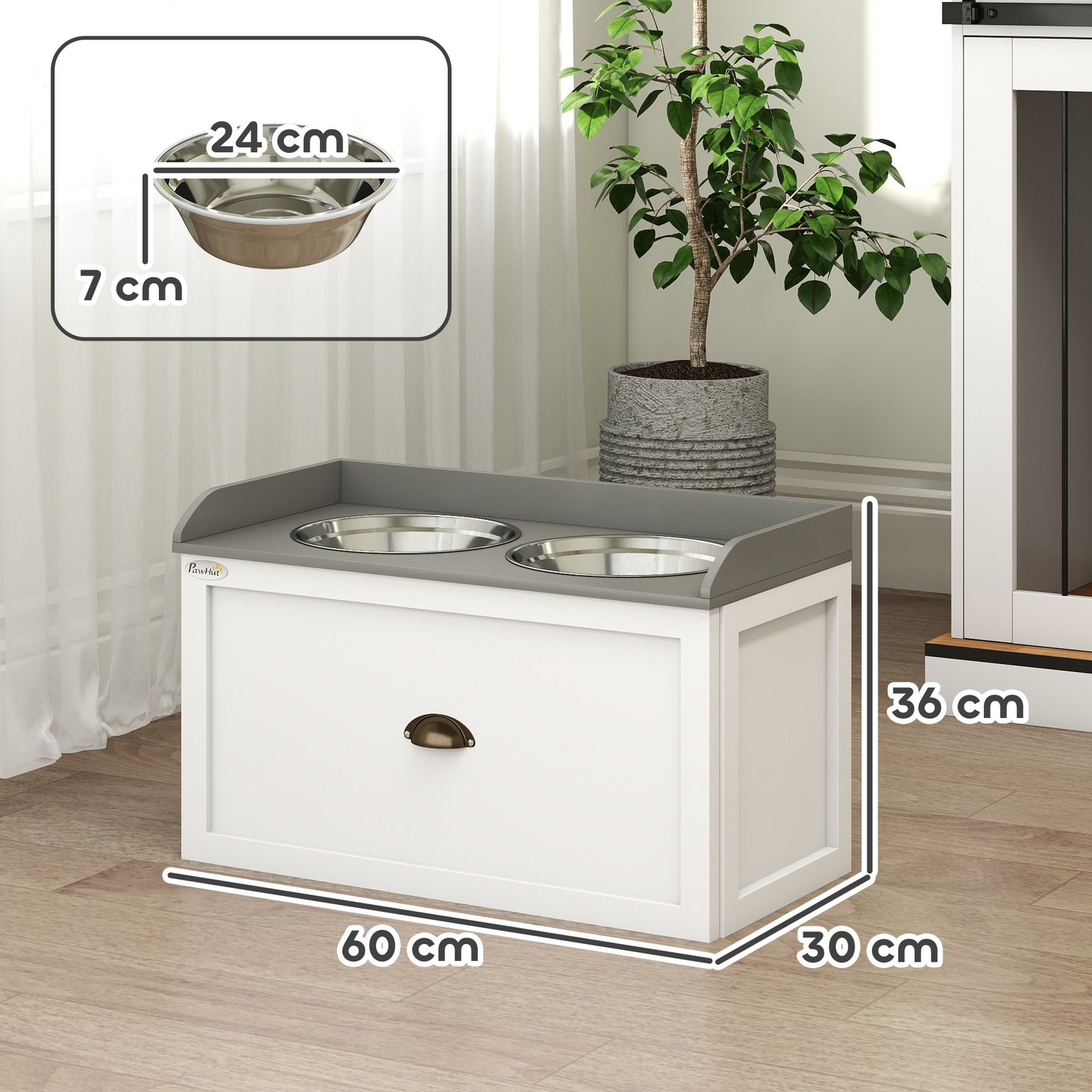 Stainless Steel Raised Dog Bowls, with 21L Storage Drawer for Large Dogs and Cats - White - Image 3