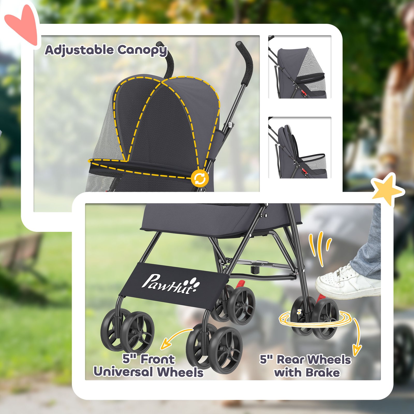 Dog Stroller, Foldable Cat Dog Pram for Miniature Breeds, Pet Stroller with Brake, Mesh Windows, Dark Grey