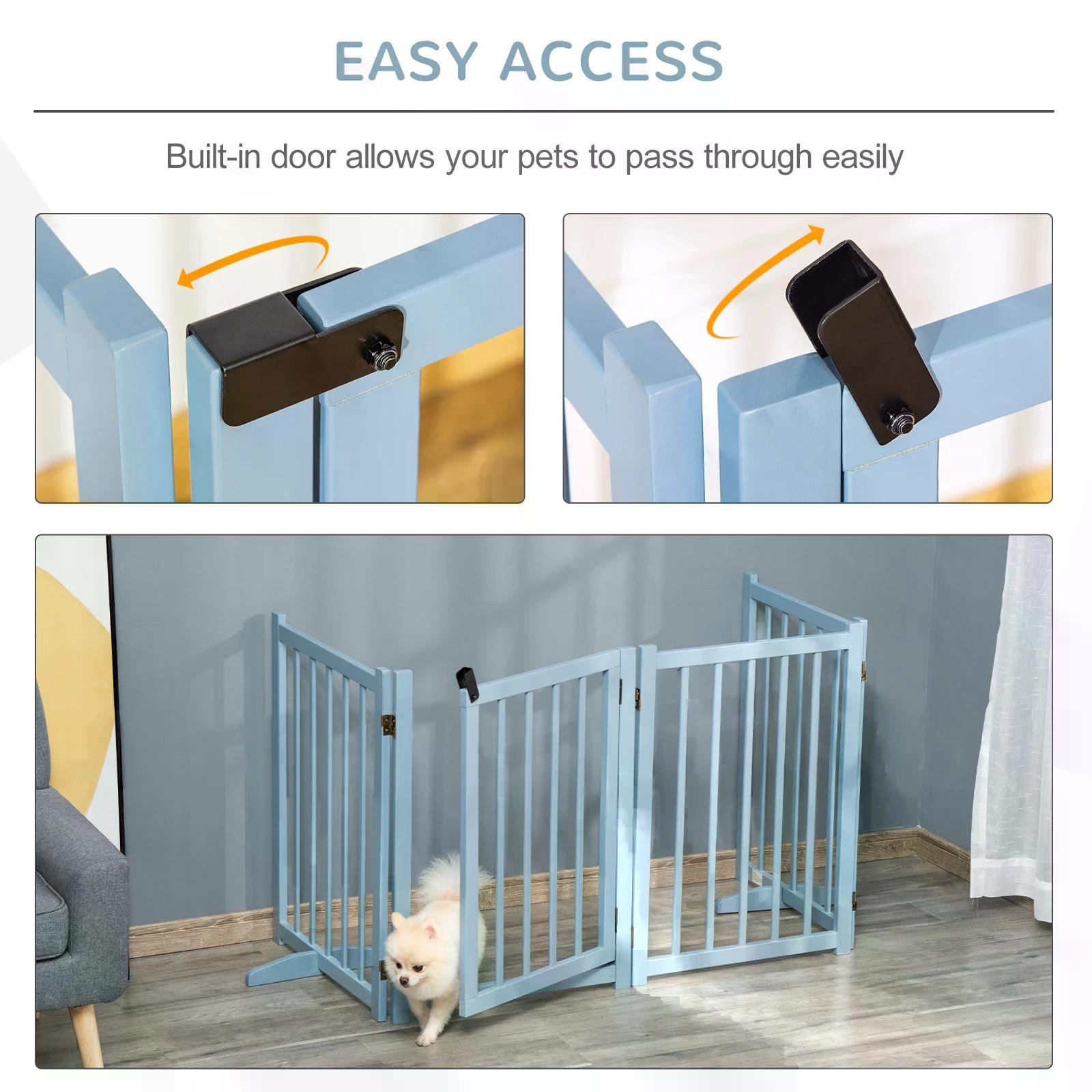 Pet Gate Wooden Foldable Dog Safety Barrier w/ 4 Panels for Small and Medium Dogs Blue