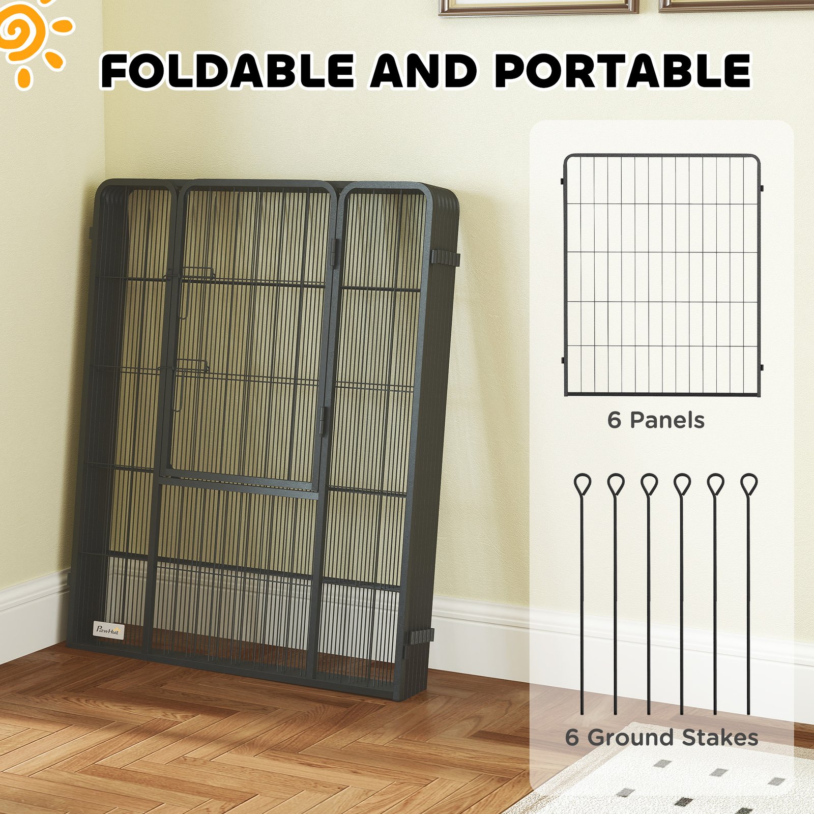 6 Panels Dog Playpen, Portable Detachable Puppy Pen with Door, for Large Dogs, 100cm High, Black - Image 6