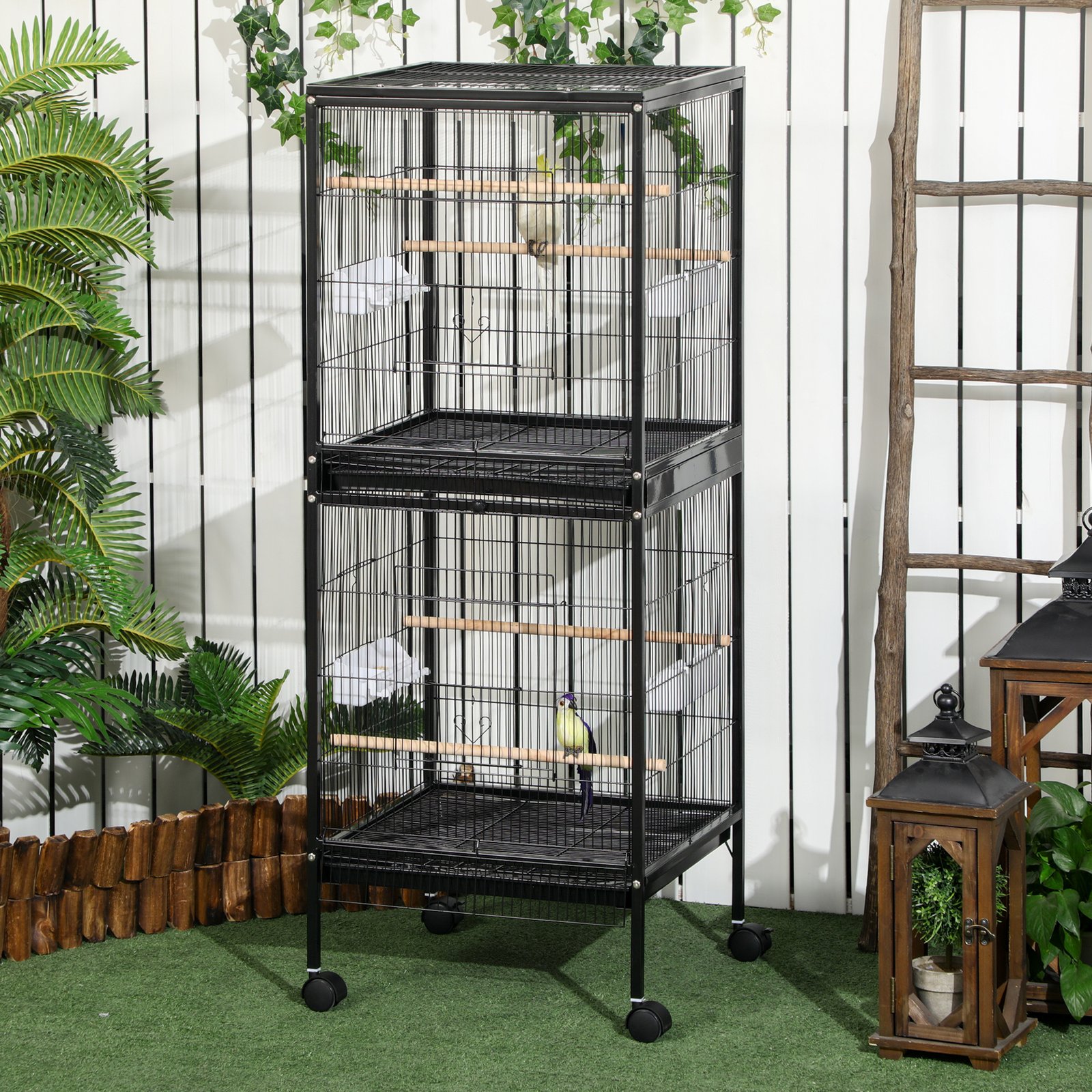 Bird Cage Budgie Cage 2 In 1 Large Aviary with Wheels Removable Trays for Finch Canaries Cockatiels Black