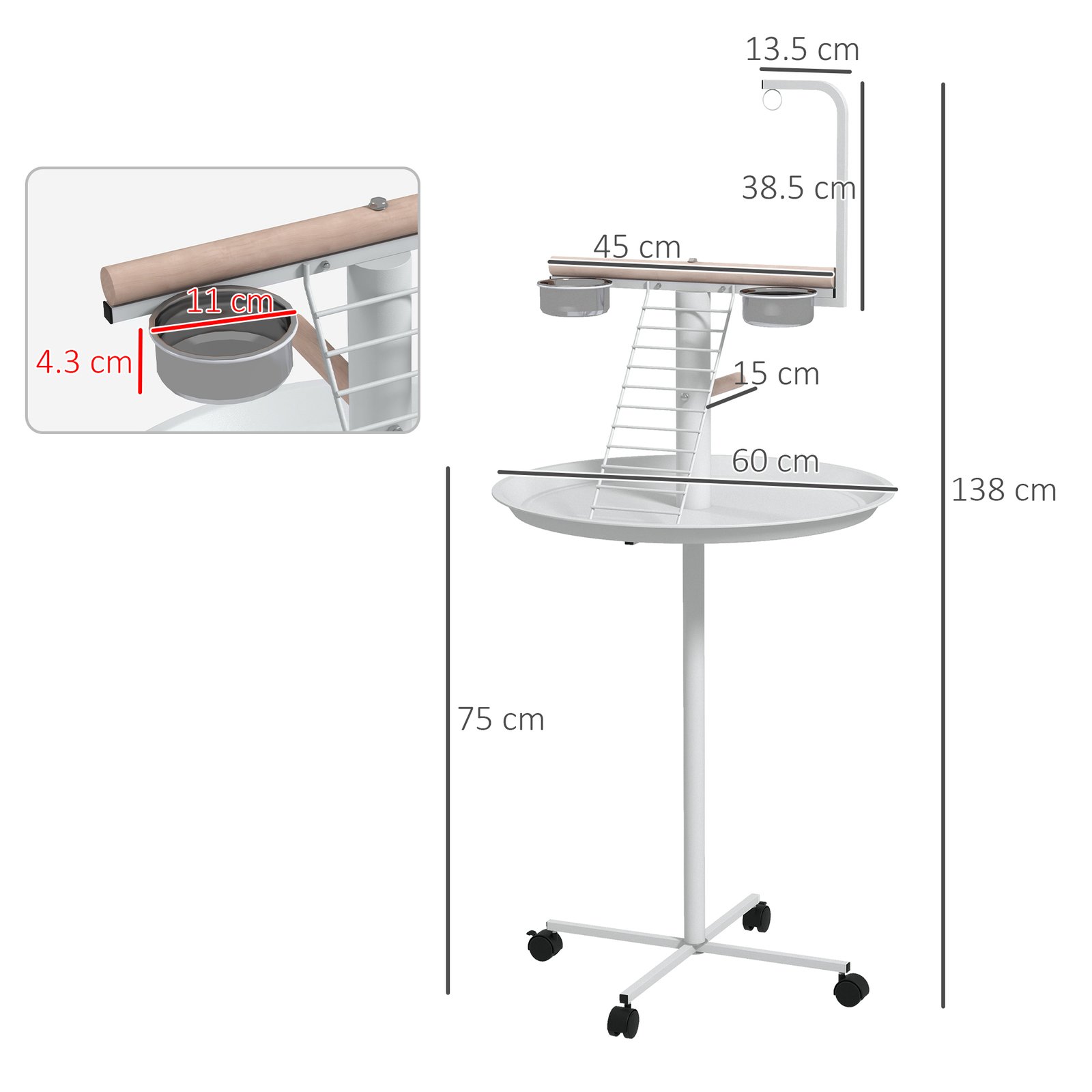Bird Stand with Four Wheels, Perches, Stainless Steel Feed Bowls, Round Tray, for Garden, Indoor, Outdoor - White