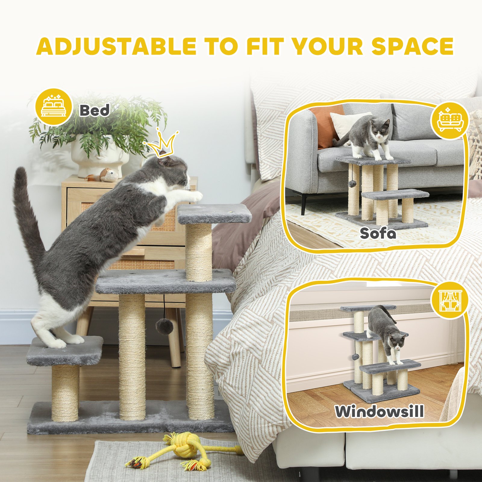 Pet Steps for Bed, 3 Step Adjustable Pet Stairs for Sofa with 6 Sisal Scratching Posts for Small Dogs & Cats, Grey