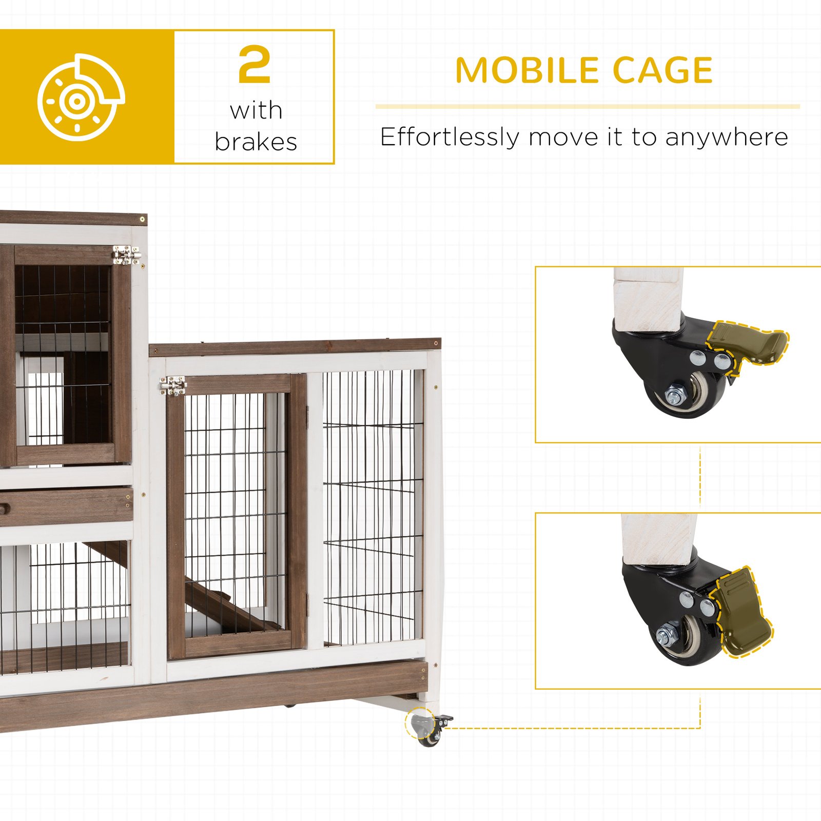 Two-Tier Rabbit Hutch Pet Cage, with Wheels - Brown - Image 7