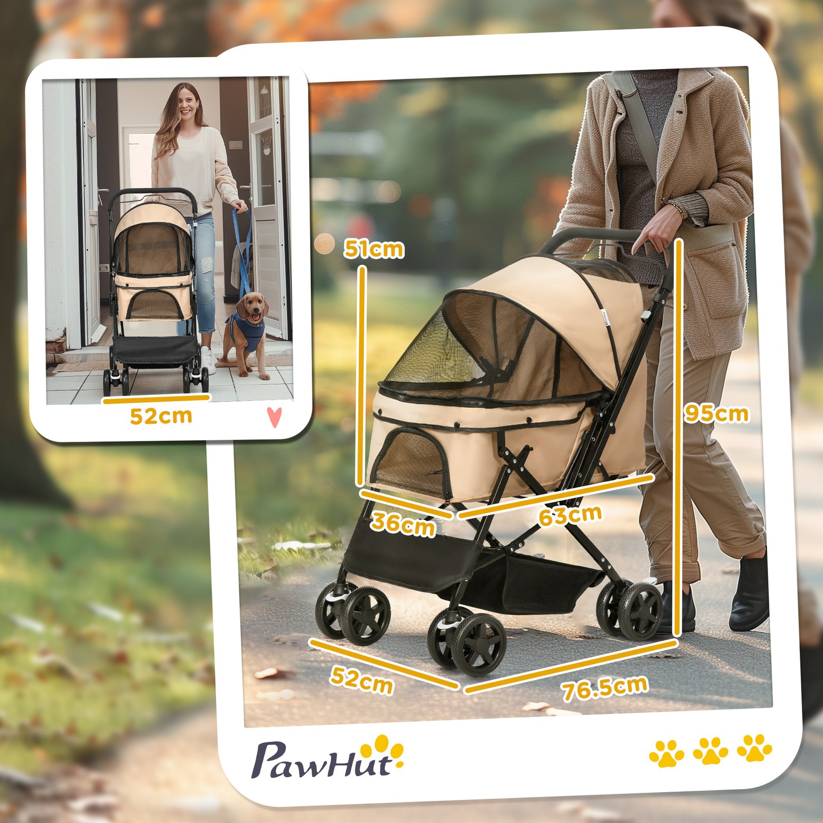 Pet Stroller Pushchair Foldable Travel Dog Cat Carriage w/ Reversible Handle Brake Basket - Image 3