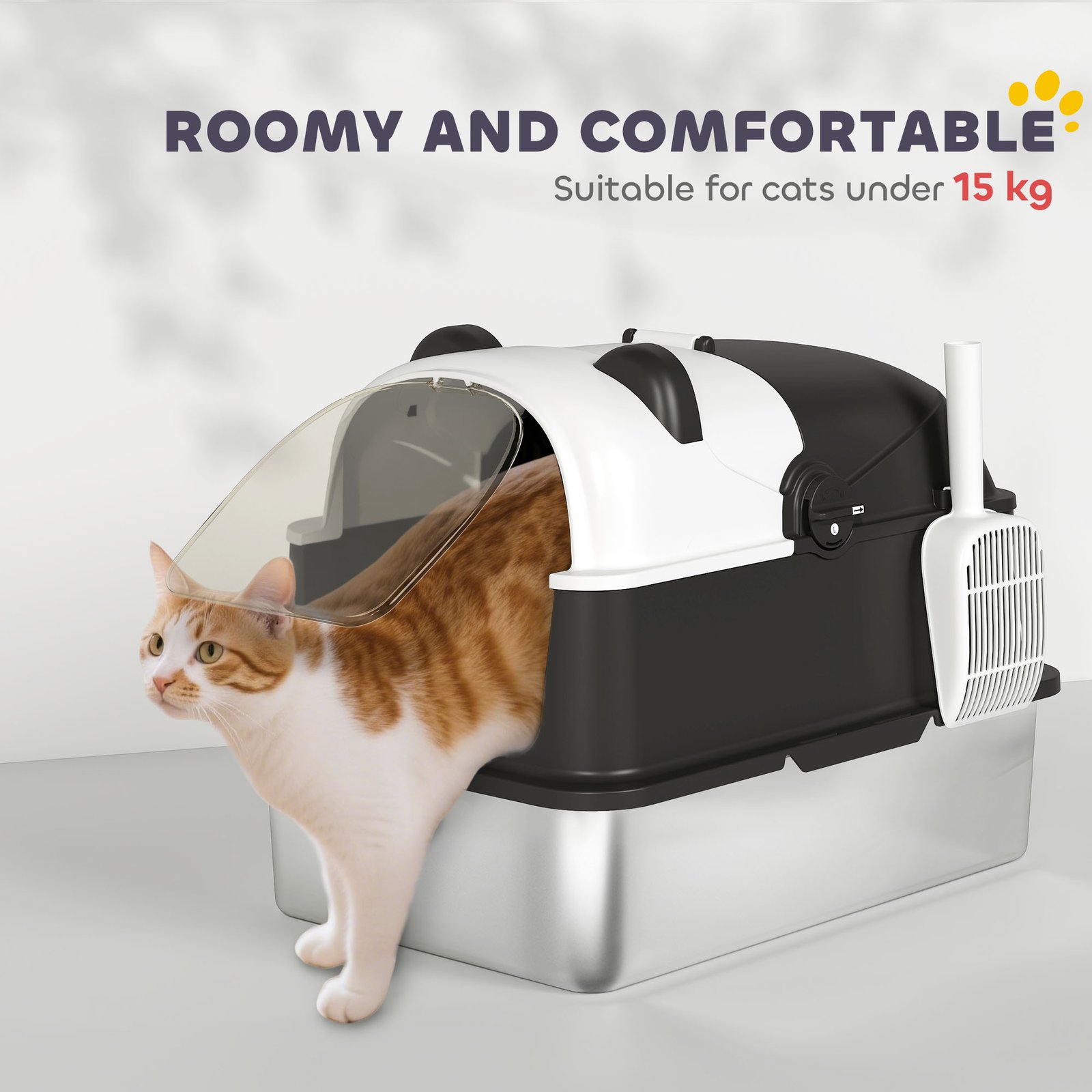 Panda Style XL Stainless Steel Cat Litter Box with Lid, Enclosed Kitty Litter Box with Scoop, 60 x 40 x 45 cm