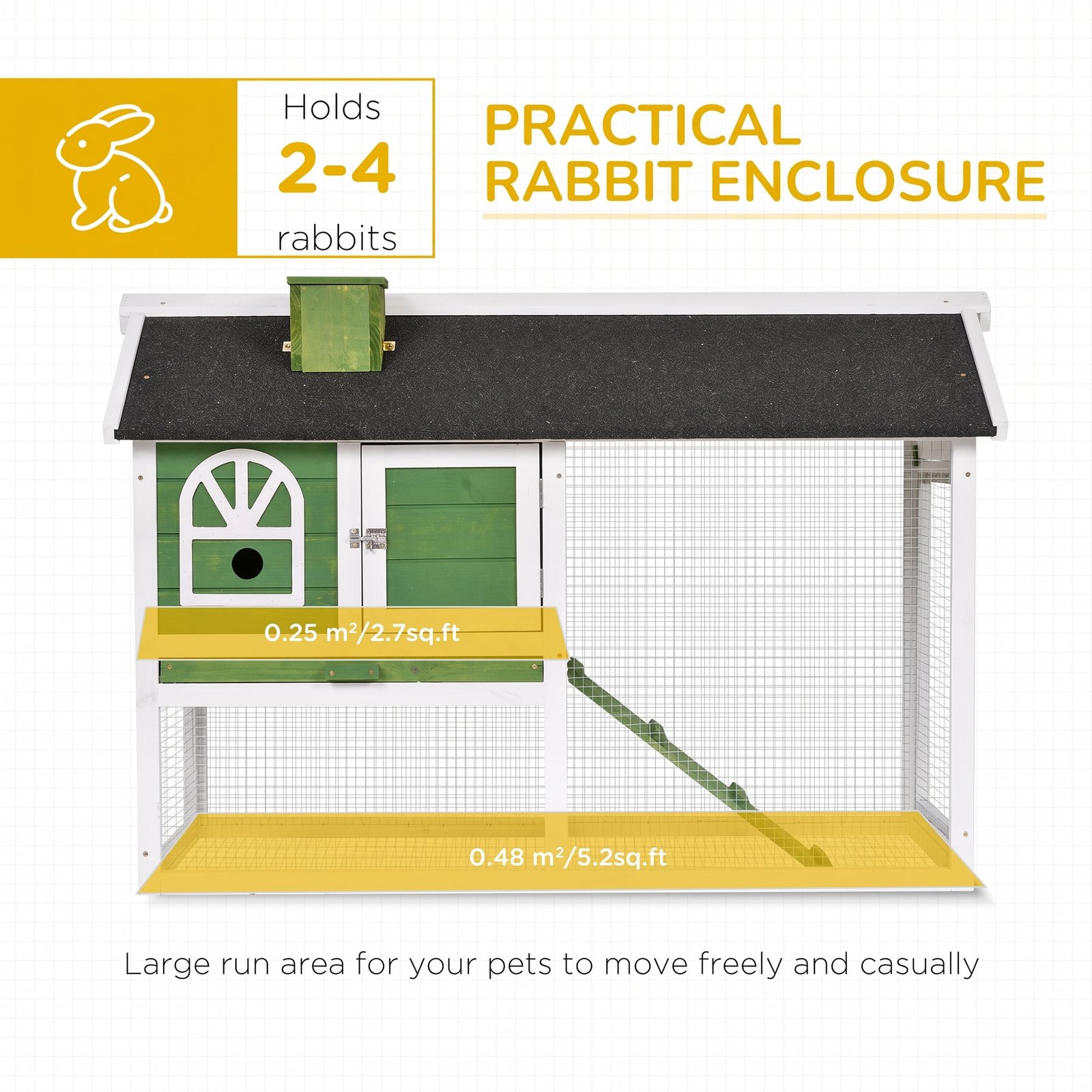 Wooden Rabbit Hutch and Run with Sliding Tray, Ramp, Water-resistant Roof, for 2-4 Rabbits, Green