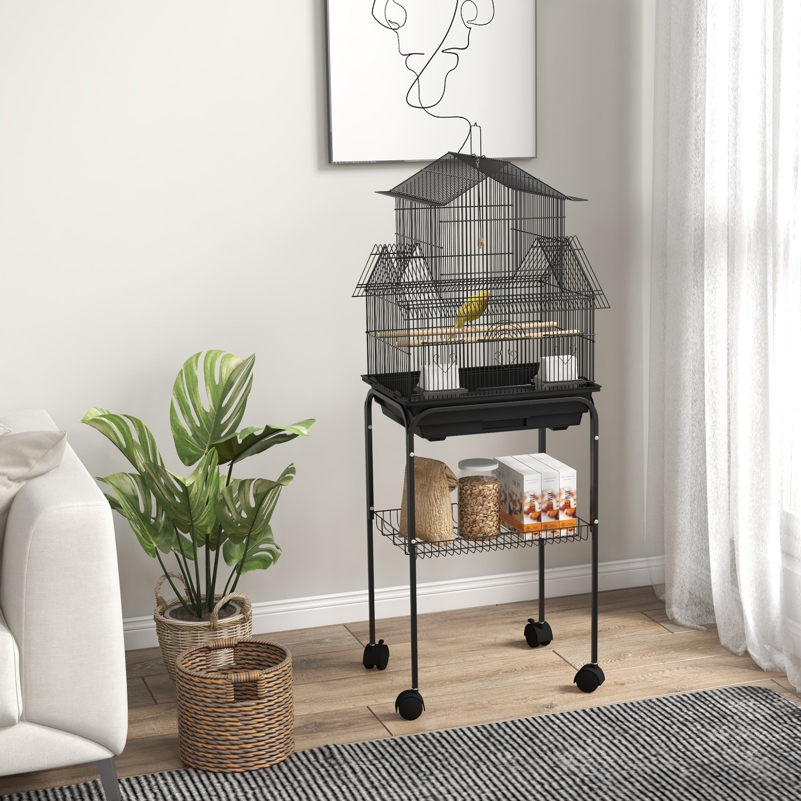 Metal Bird Cage with Plastic Swing, Perch, Food Container, Tray, Handle, for Finches, Canaries, Budgies, 43.5 x 33 x 121