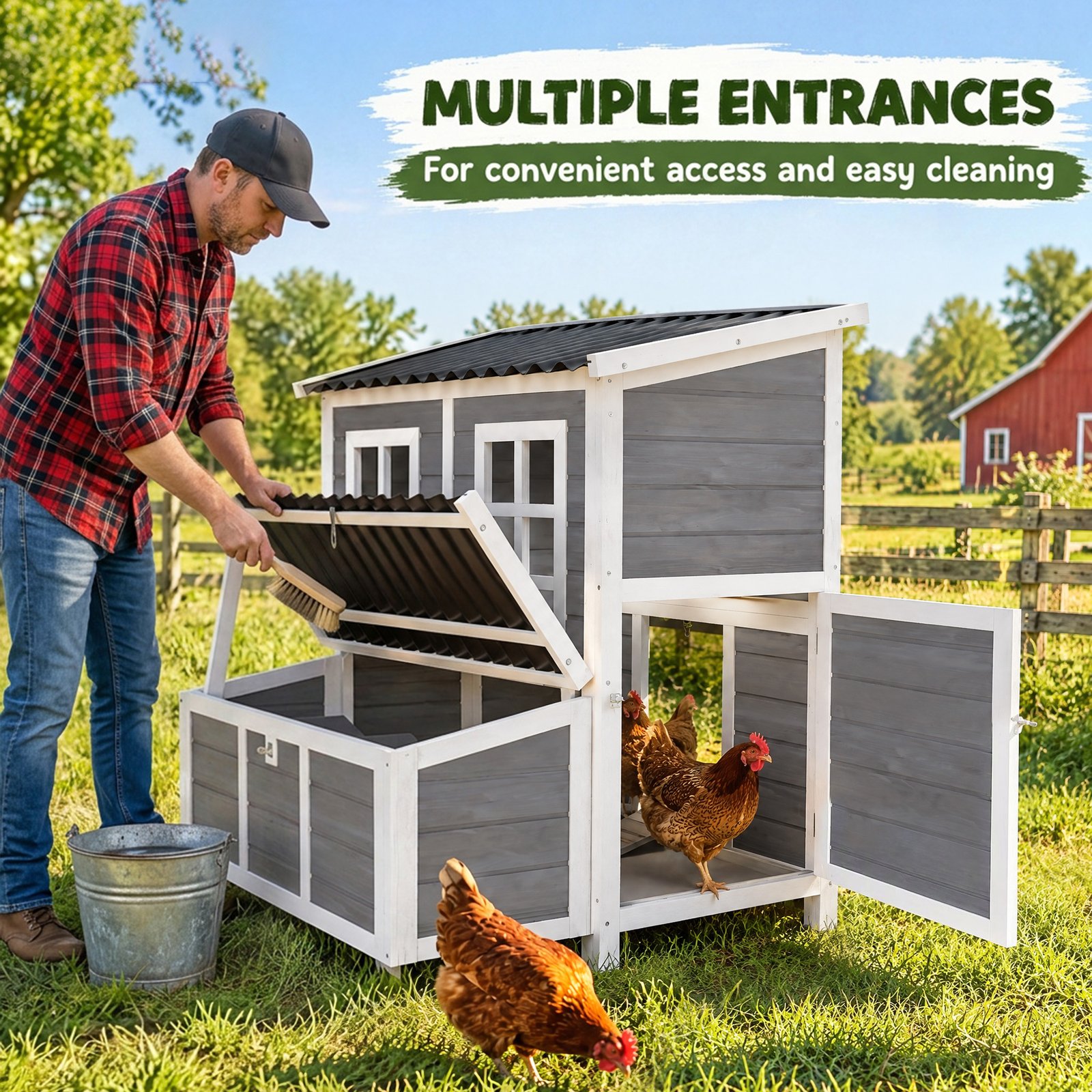 Wooden Chicken Coop with Nesting Box, Slide-Out Tray, Perches, for 2-4 Chickens, 100 x 86 x 100cm