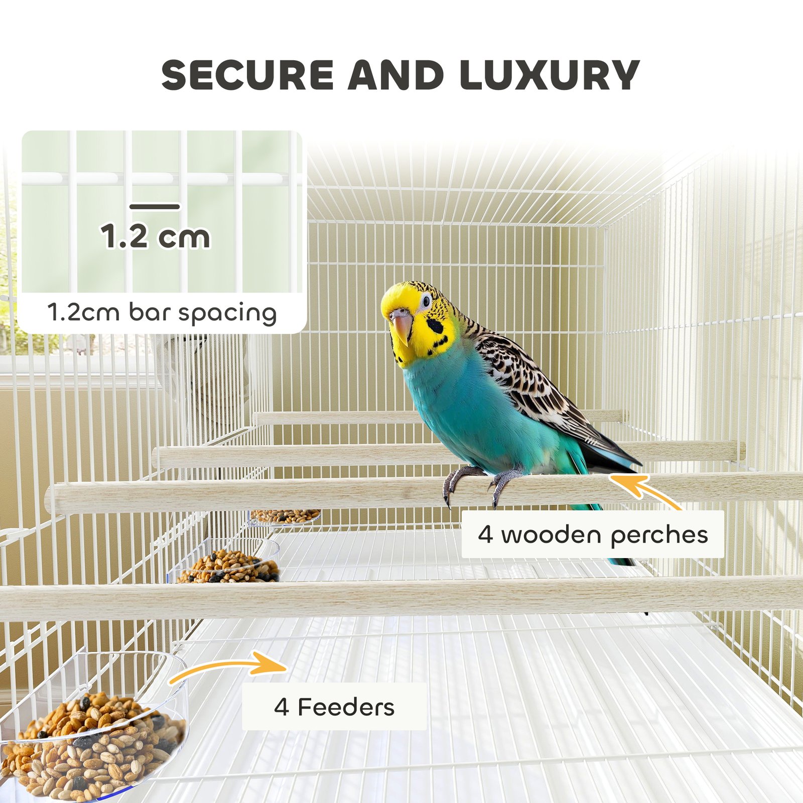Bird Cage with Divider, 4 Wooden Perches, Slide Out Tray, 4 Feeders, for Budgie, Lovebird, Canary, 76 x 46 x 116cm White - Image 5