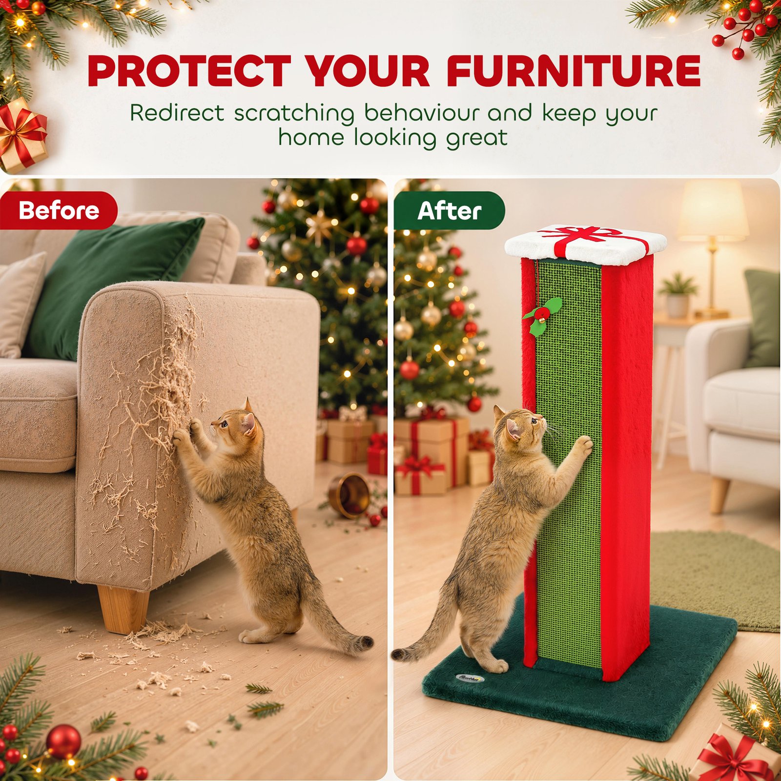 Cat Scratching Post for Indoor Cats, 81cm Tall Cat Scratcher with Sisal Rope, Hanging Bell Toy, Stable Base, Green & Red